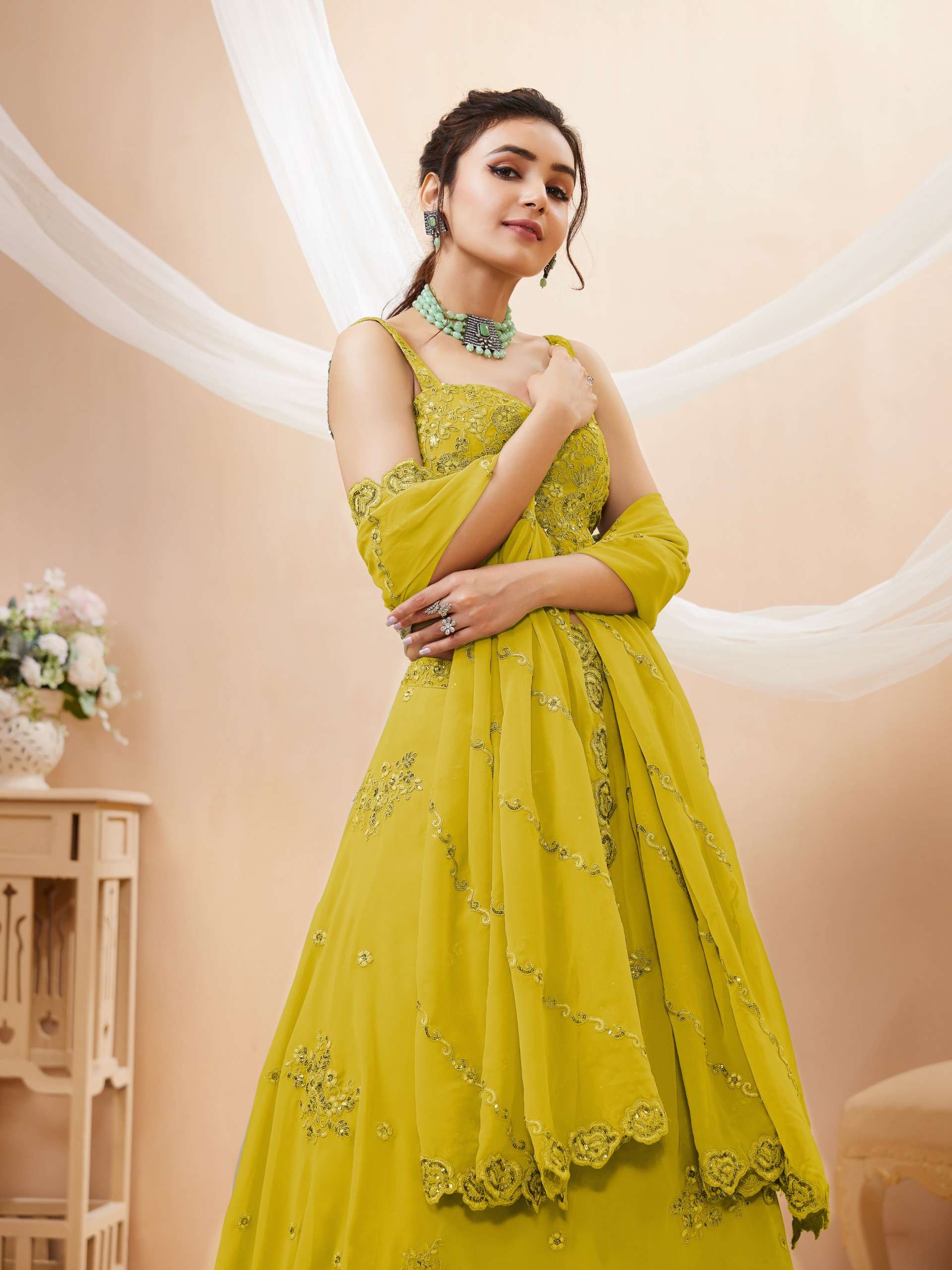 Lime Yellow colour made of Embellished Georgette fabric Lehenga Choli reseller in surat 7060 Yellow 