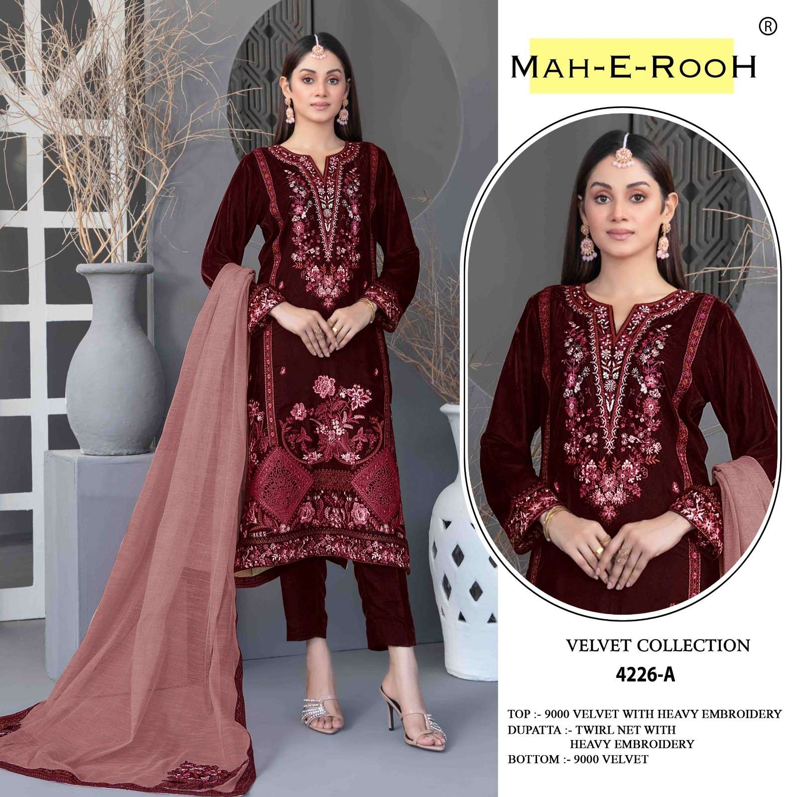 MAH E ROOH 4226 RICH BRAND 9000 VELVET 3MM SEQUENCE PAKISTANI DRESS WINTER WEAR ONLINE