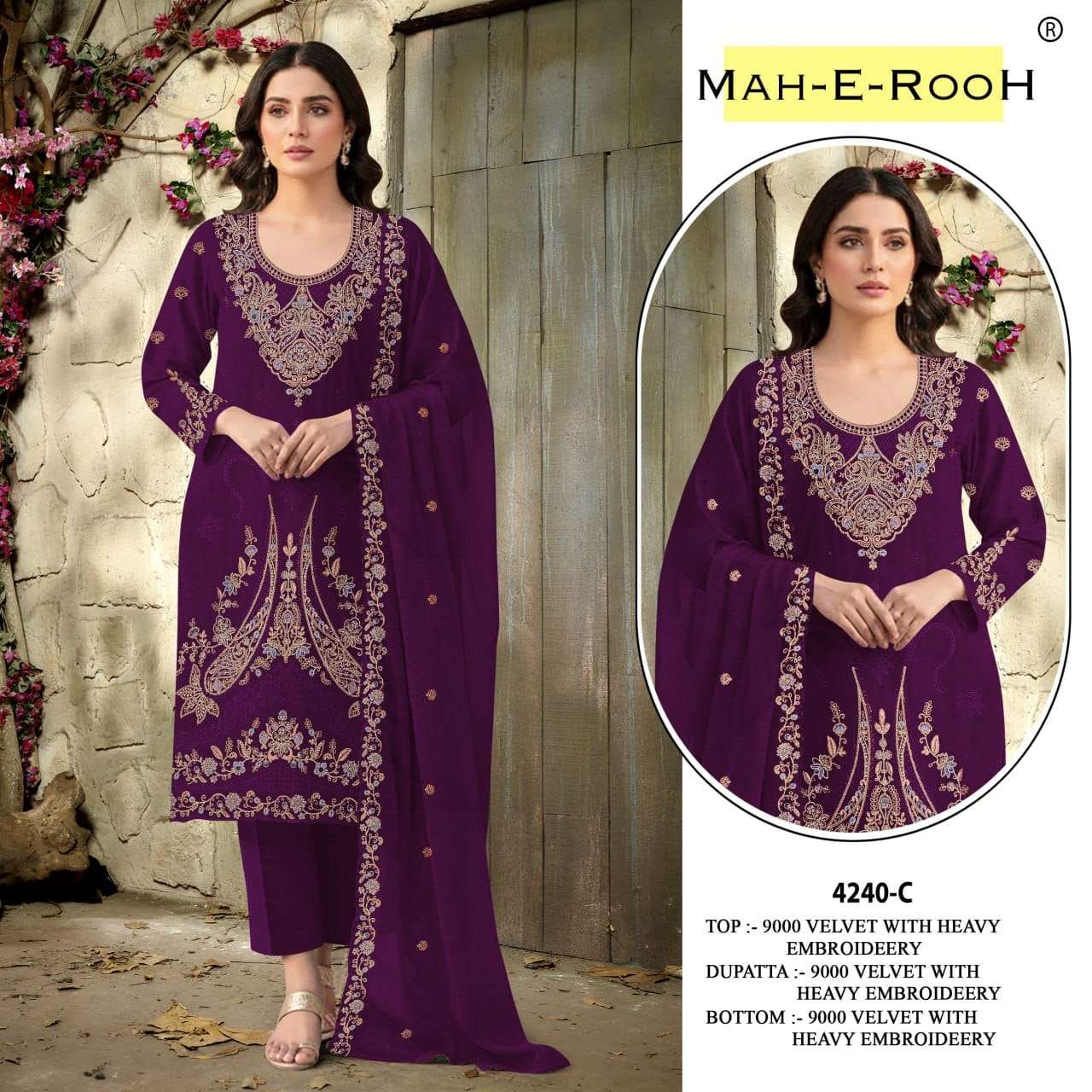 MAH E ROOH 4240 EXCUSIVE 9000 VELVET WITH 3MM SEQUENCE CUT WORK SALWAR SUIT WHOLESALER
