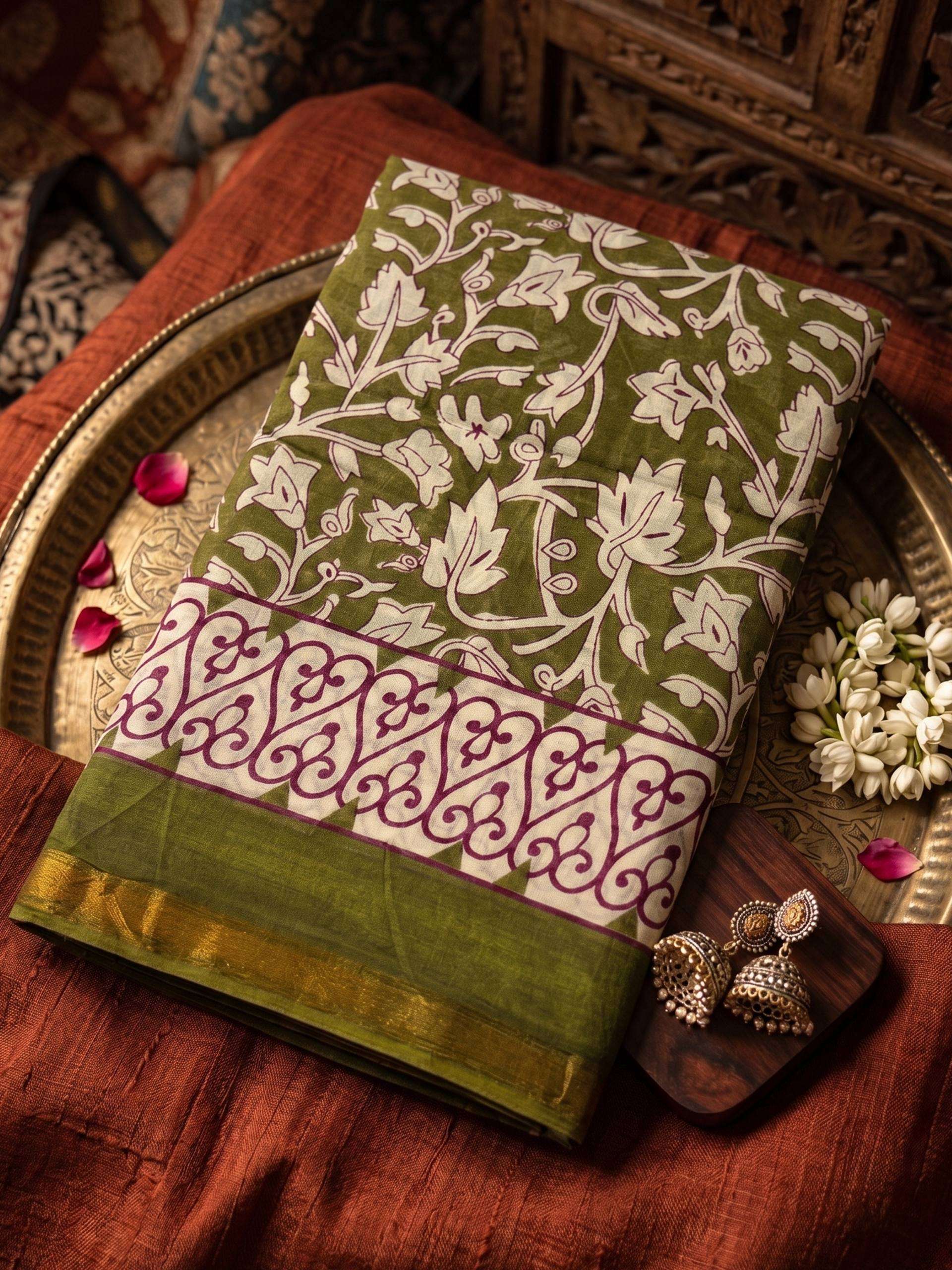 Majestic elephant Hand Block Printed Musiln Cotton fabric Saree wholesale in surat 
