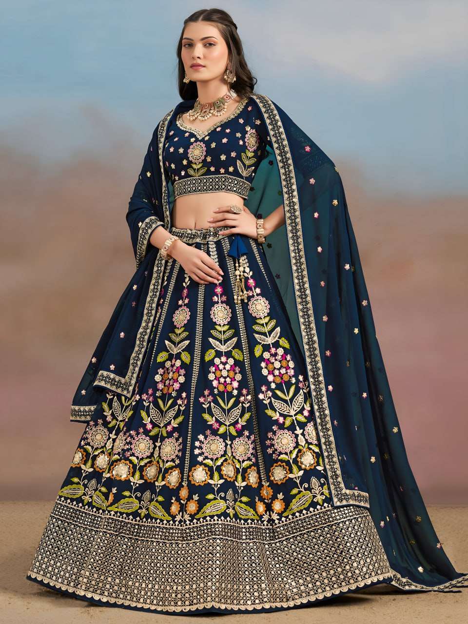  Midnight Blue colour with beautiful Floral designer Georgette and Embroidered Lehenga Choli Wholesale in surat 6008 Blue