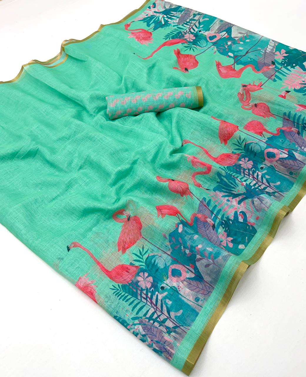 Most Trending Kazari series Lisha Soft cotton pure fabric with beautiful pink sawan print on saree supplier in surat