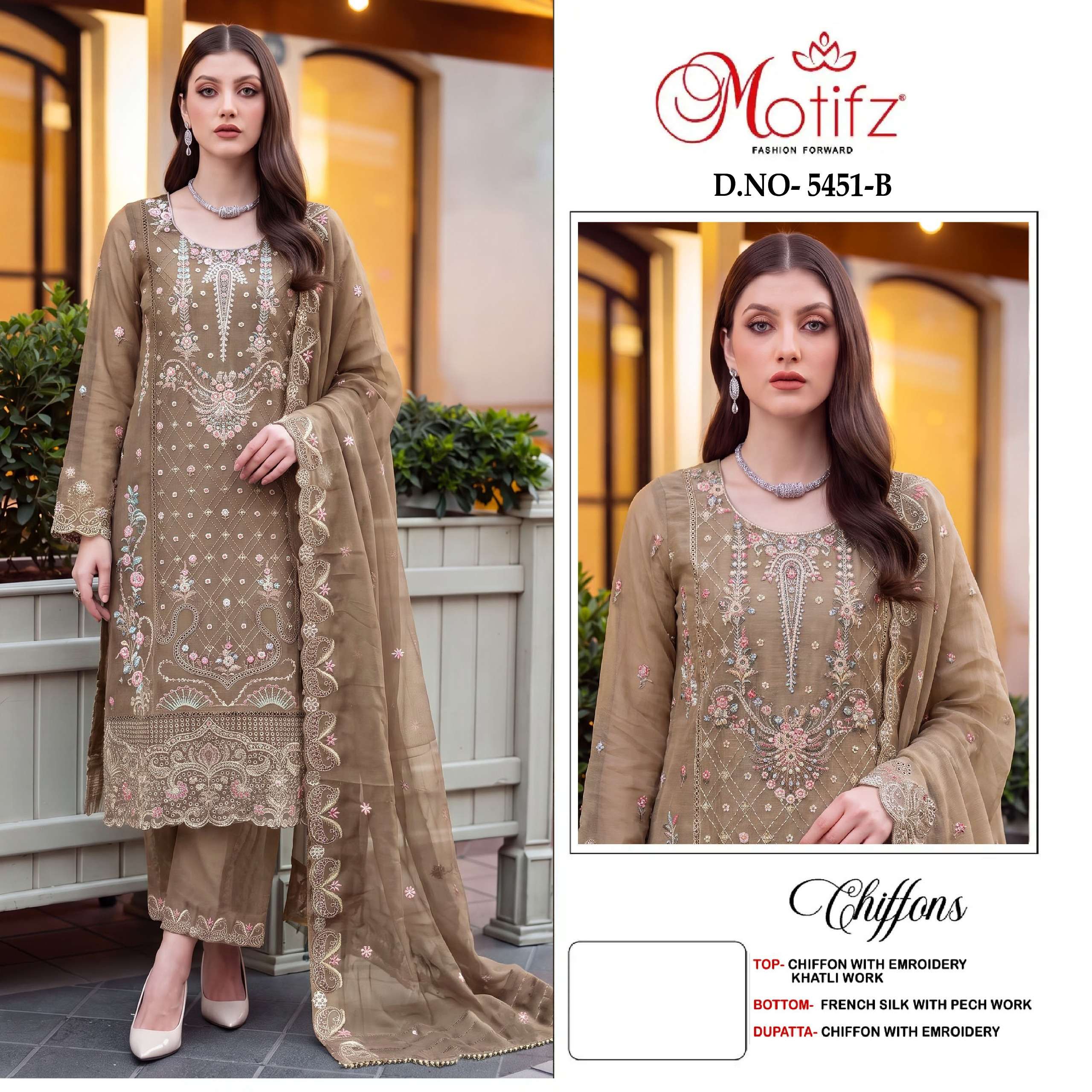 MOTIFZ 5451 BOUTIQUE SIFFON FABRIC HEAVY WORK PAKISTANI COLLECTION TREND WORLD 