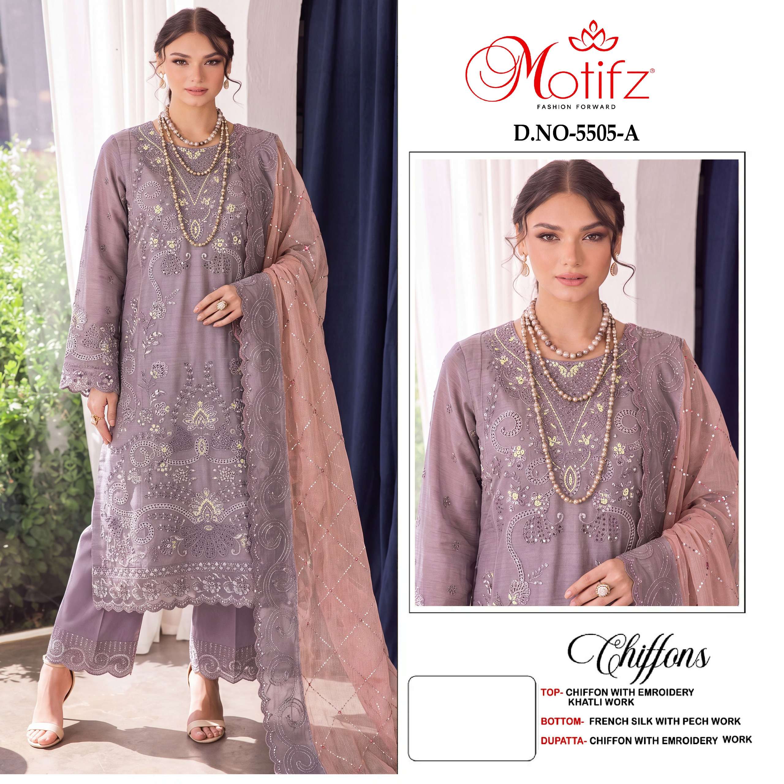 MOTIFZ 5505 WEDDING AND EID SPECIAL SIFFON KHATLI WORK SUIT AT UNSTITCH SUPPLIER ONLINE
