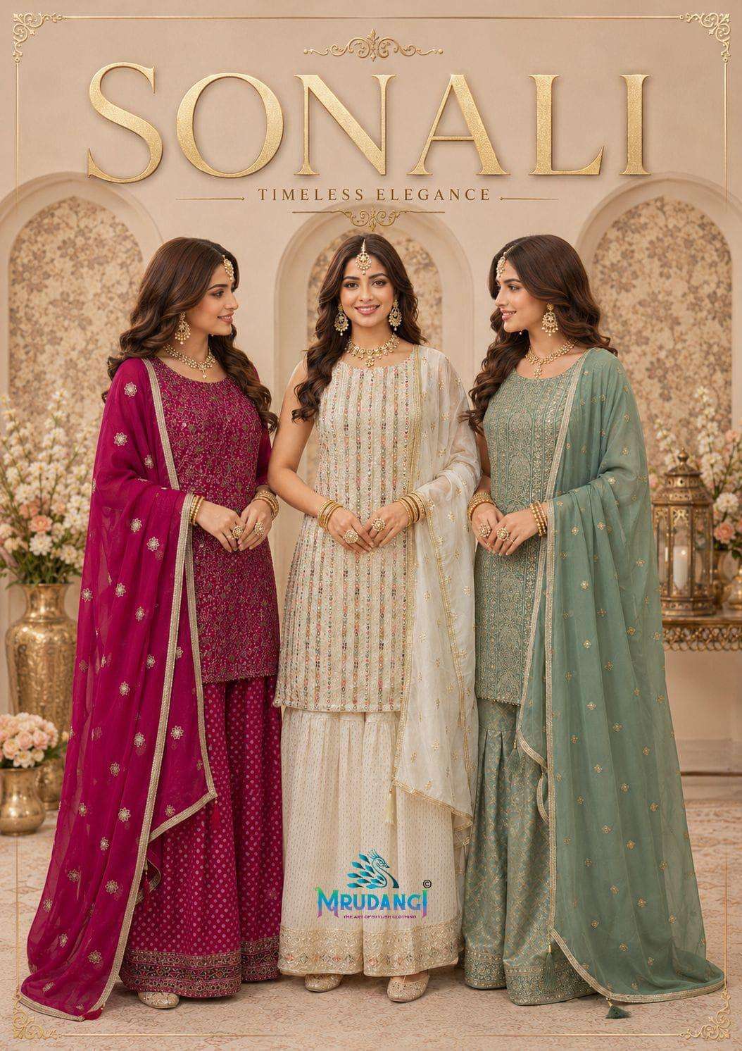 MRUDANGI SONALI GEROGETTE HEAVY ZARKAN TOP WITH GHARARA AND EMBROIDERED DUPATTA SURAT