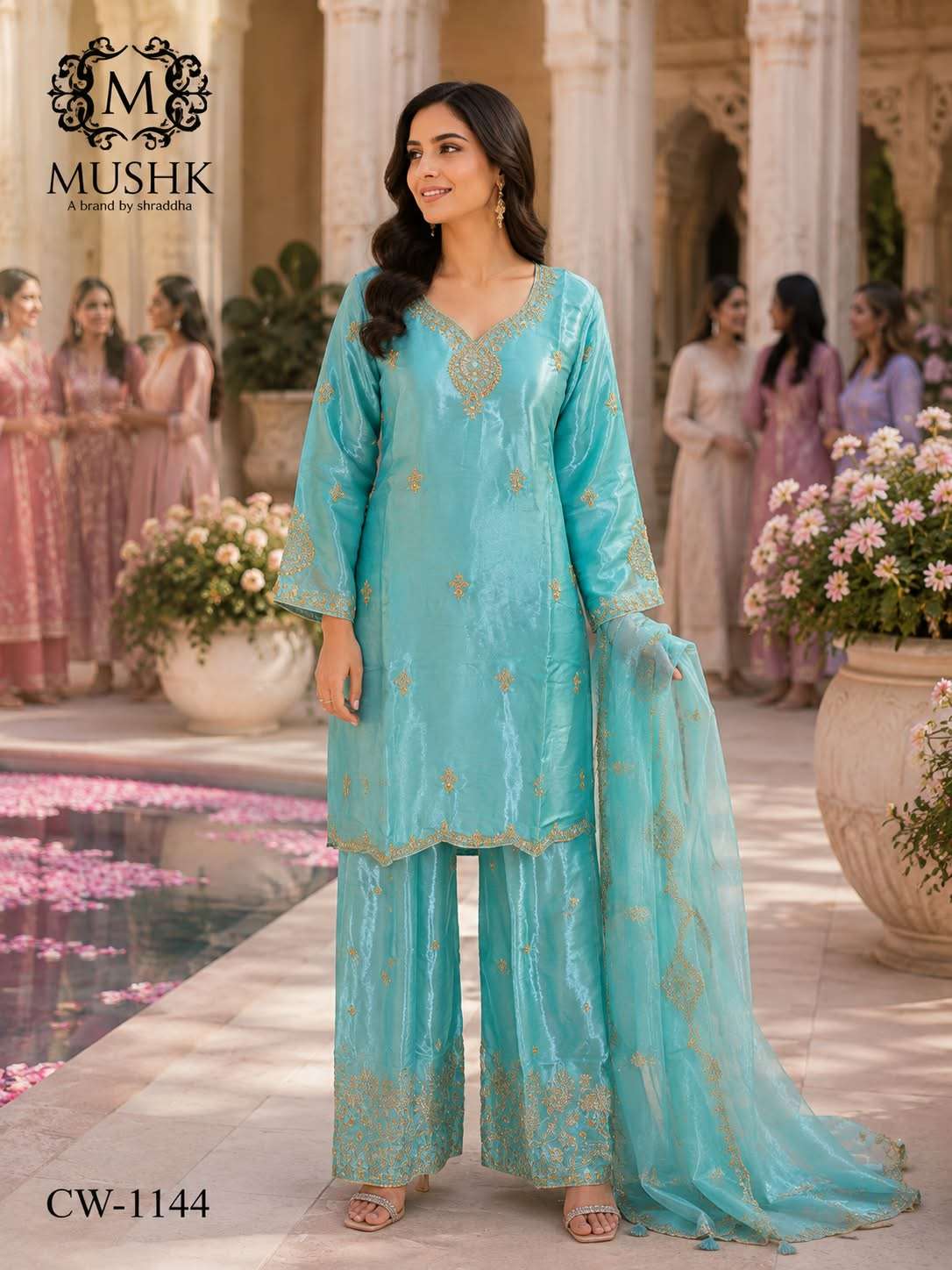 MUSHK CW 1144 GALSS SILK HEAVY BITS CODING WORK PALAZZO SUIT BRAND TRADITIONAL EXPORT
