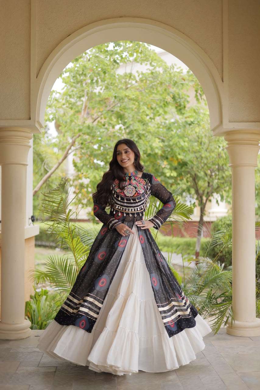NAVRATRI WEAR GARBA DANCE SPECIAL MADE OF KORA COTTON FABRIC CHANIYA KURTI WHOLESALE IN SURAT KA 5085