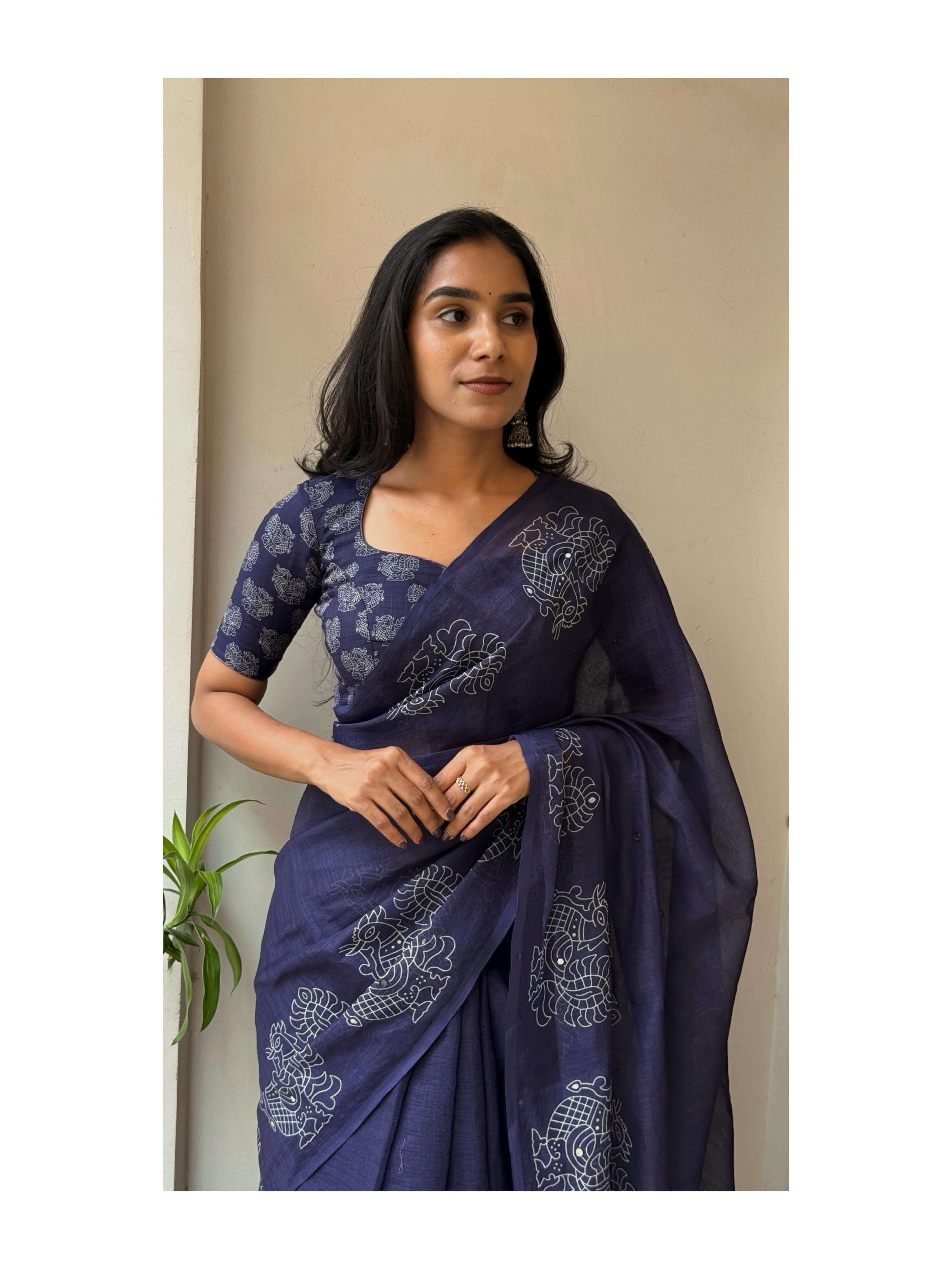 NAVY BLUE COLOUR SAREE LINEN AND KALAMKARI SILK FANCY AND BEAUTIFUL FABRIC WHOLESALE IN SURAT
