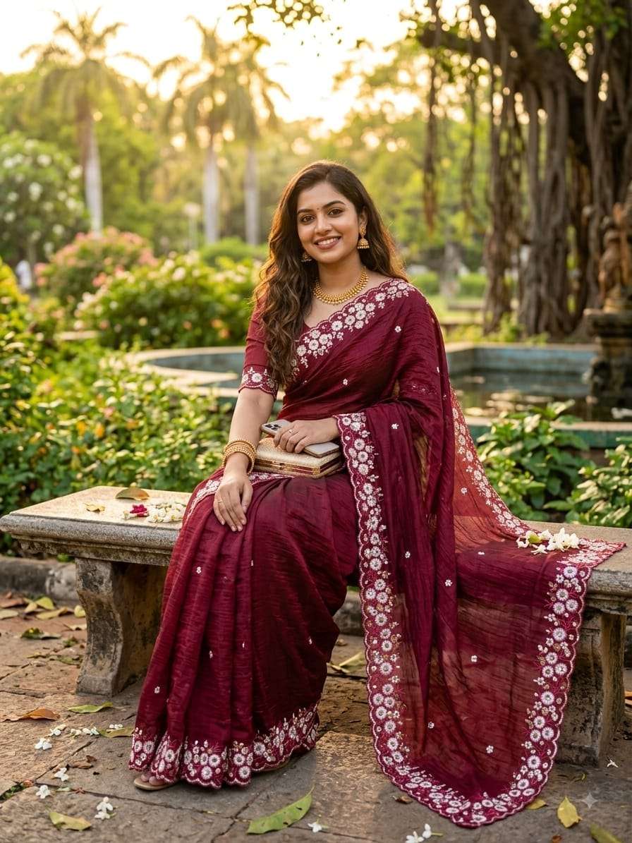 New Arrivals Pure and Soft Crush Silk fancy fabric with Embroidery Work on Saree wholesale in surat 