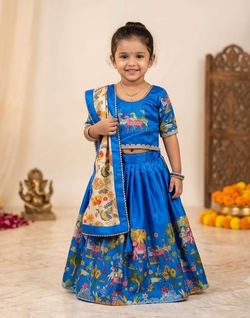  New Launching Kids wear Soft Chinon Silk fancy fabric with kalamkari print with lehenga choli wholesale in surat