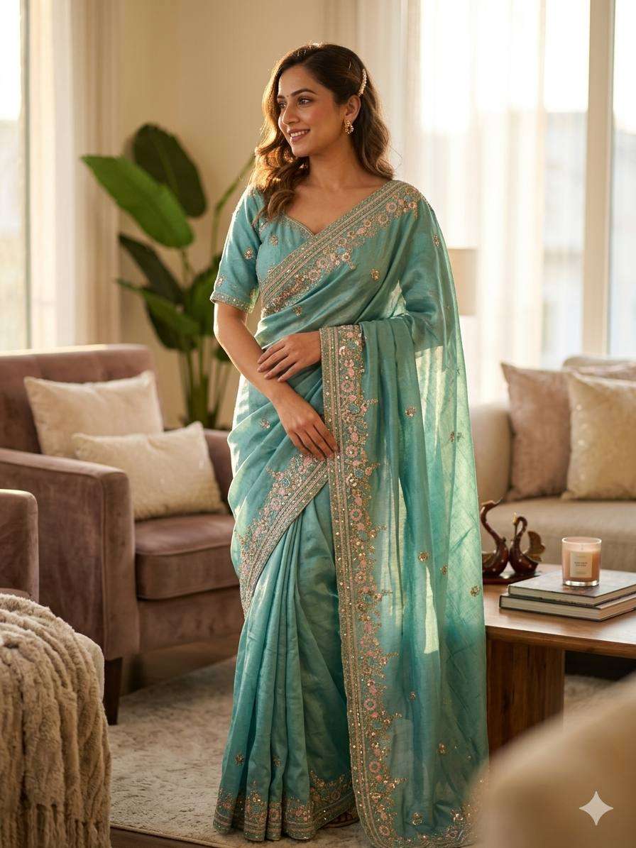 ocean blue colour Soft NC Vichitra silk fancy fabric saree w...