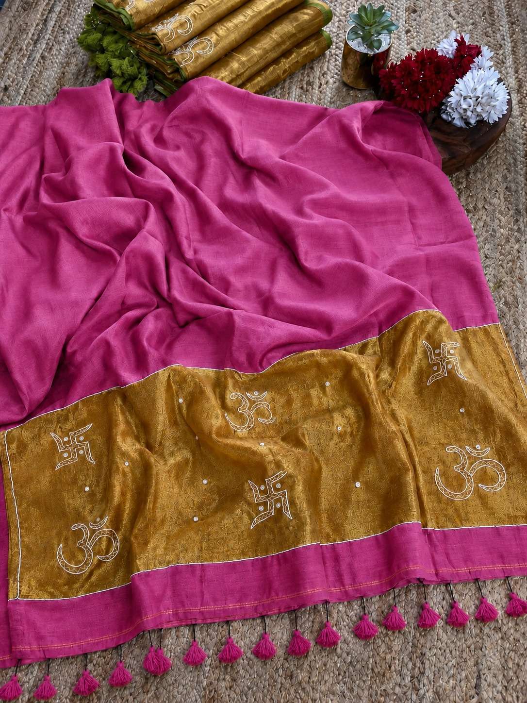 OM SWASTIK SAREES PURE MUL COTTON SAREES WITH BEAUTIFUL OM SWASTIK HANDWORK ON SAREE WHOLESALE IN SURAT
