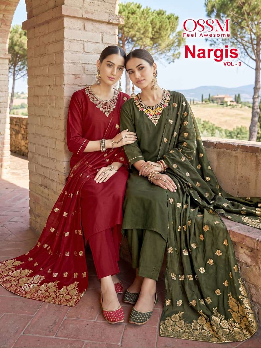 OSSM NARGIS VOL 3 SILK FABRIC WORK NECK NECK SALWAR SUIT DESIGNER DUPATTA RESELLER