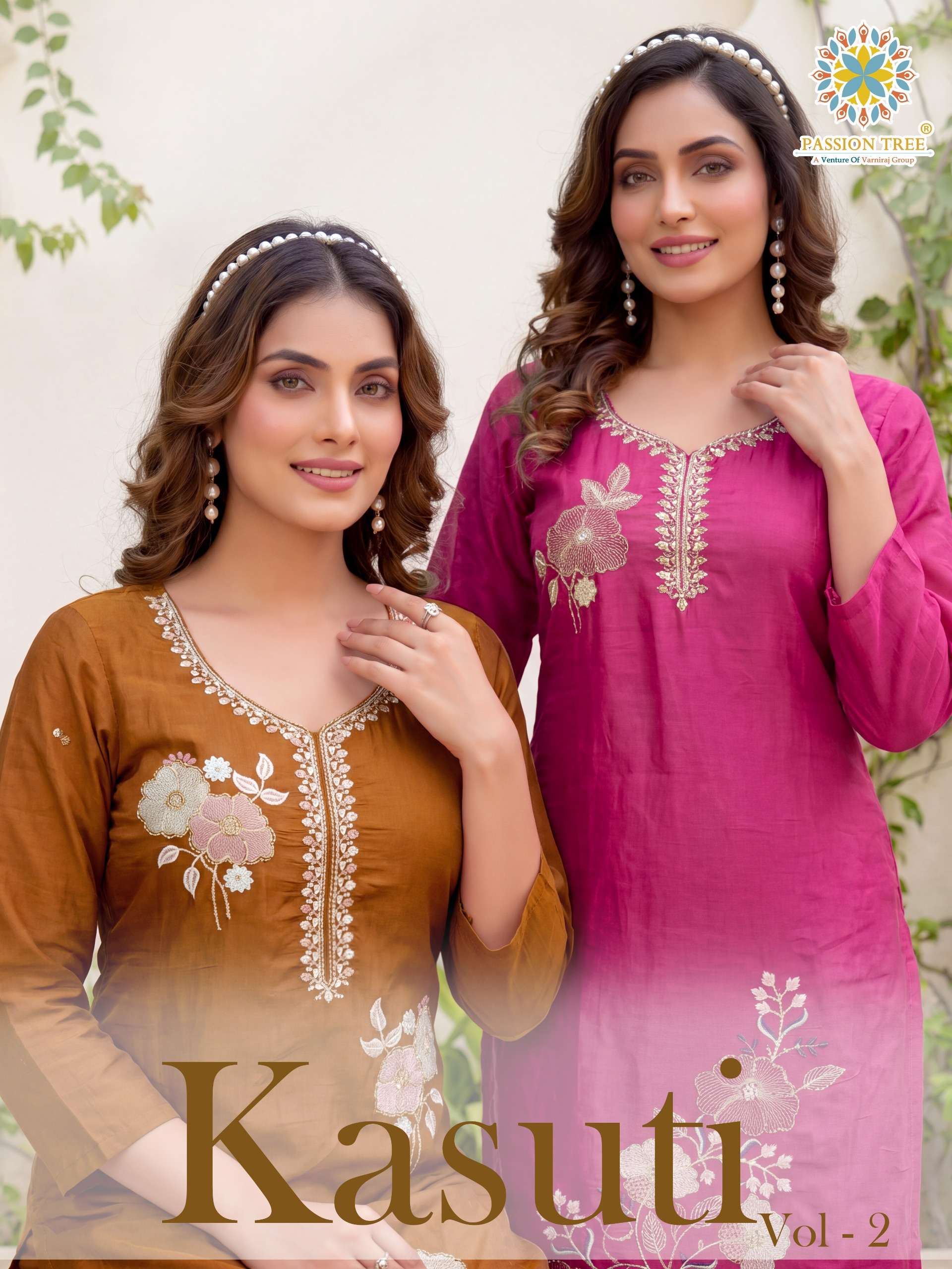 PASSION TREE KASUTI VOL 2 CHANDERI STRAIGHT TOP WITH PANT PLAZZO & DUPATTA WHOLESALE