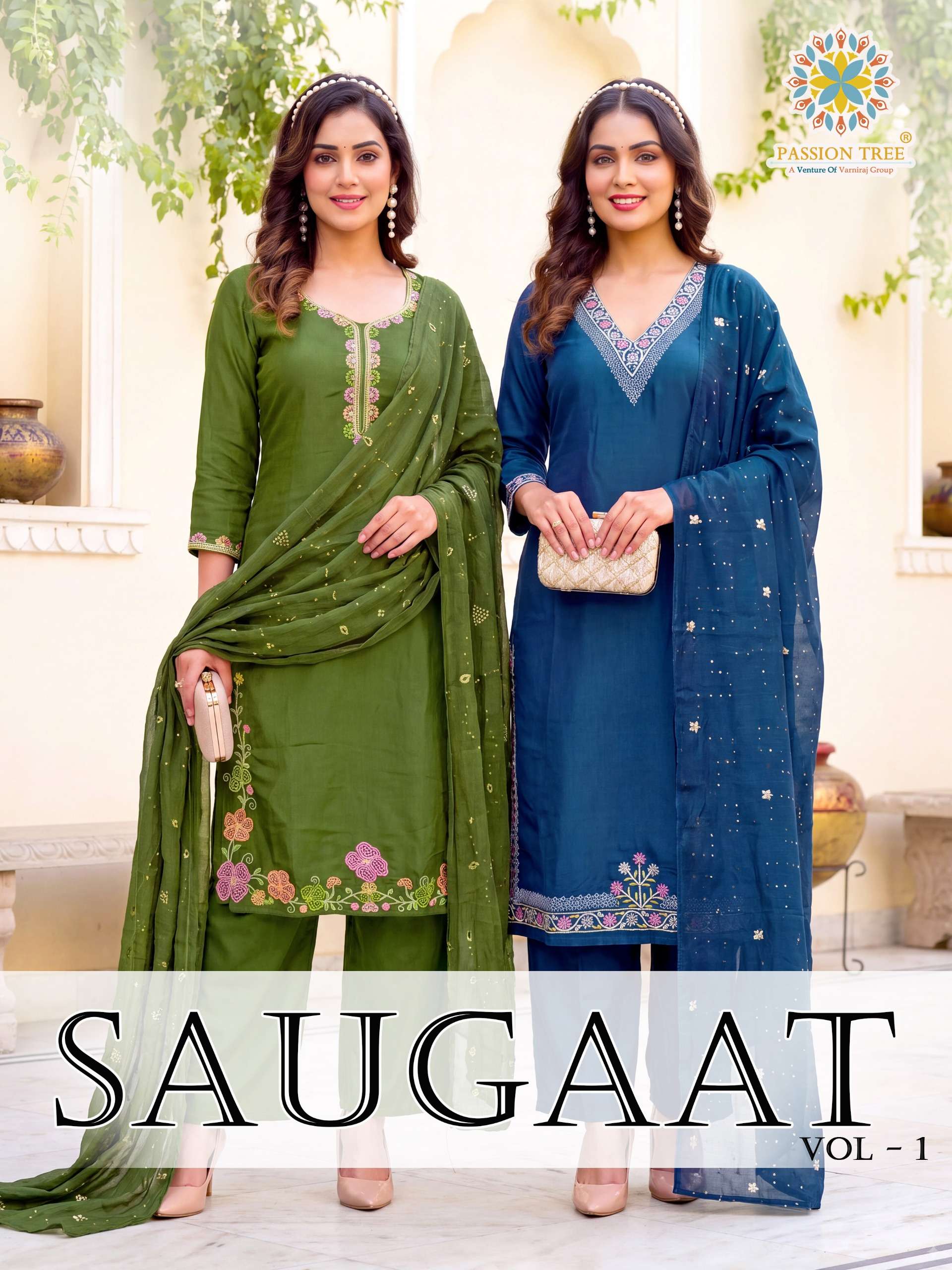 PASSION TREE SAUGAAT VOL 1 CHANDERI STRAIGHT TOP WITH PANT PLAZZO & DUPATTA STITCHED IN SURAT