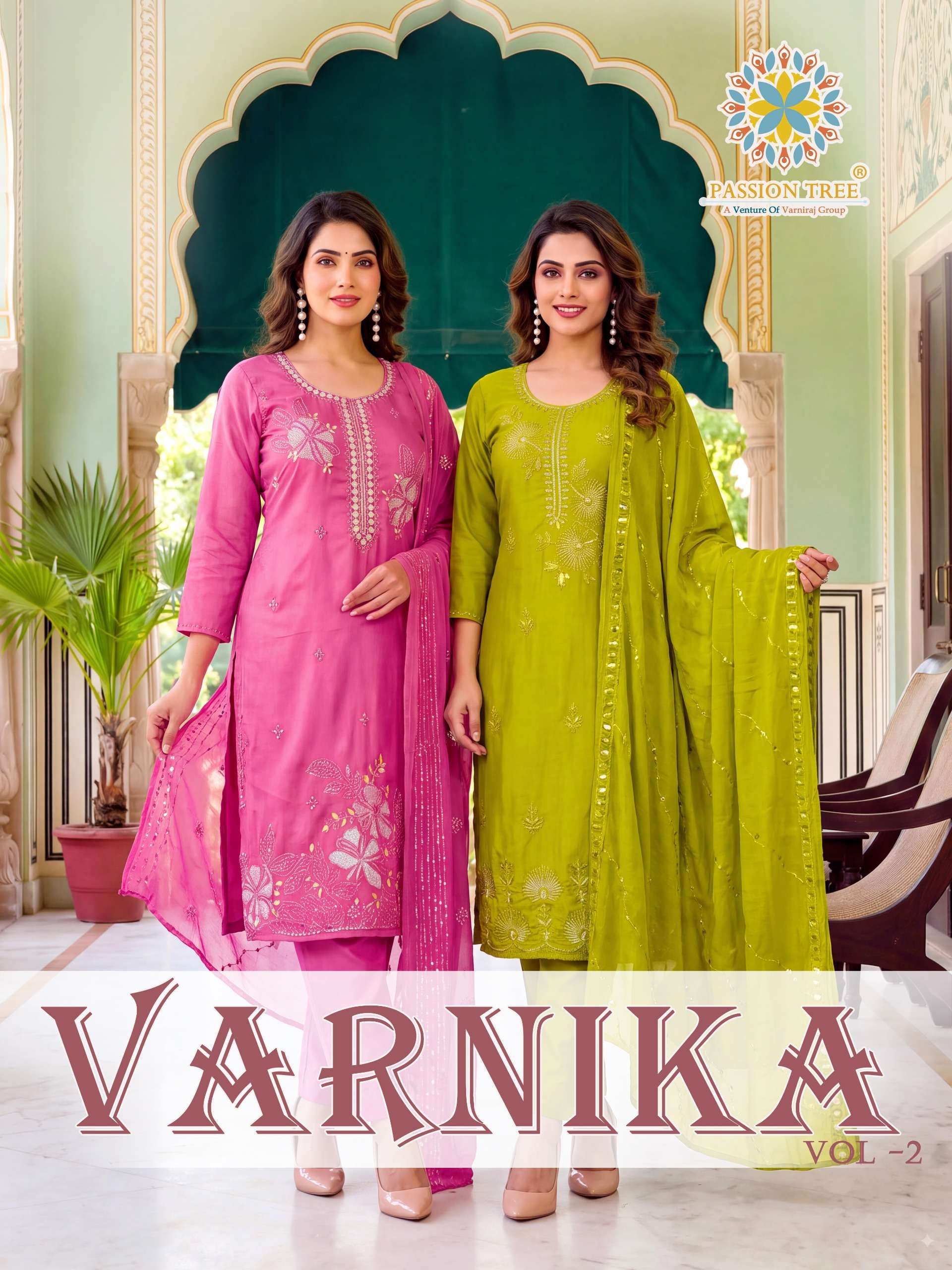 PASSION TREE VARNIKA VOL 2 GLASS ROMAN SILK WITH INNER SALWAR SUIT AT WHOLESALER SURAT