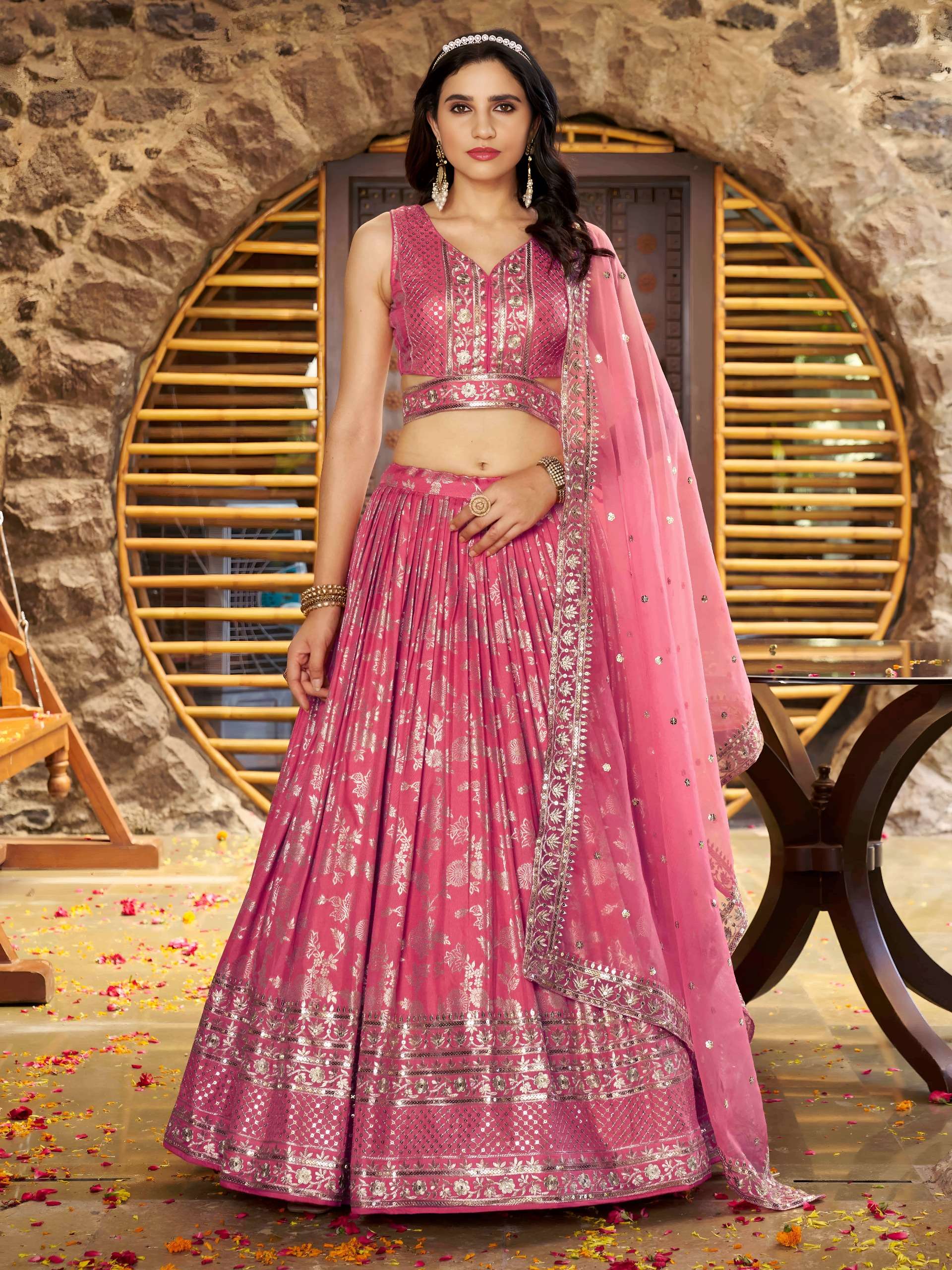 Peach Shimmer Garden colour with Dola Silk Jacquard fabric Lehenga choli wholesale in surat 7100 Peach