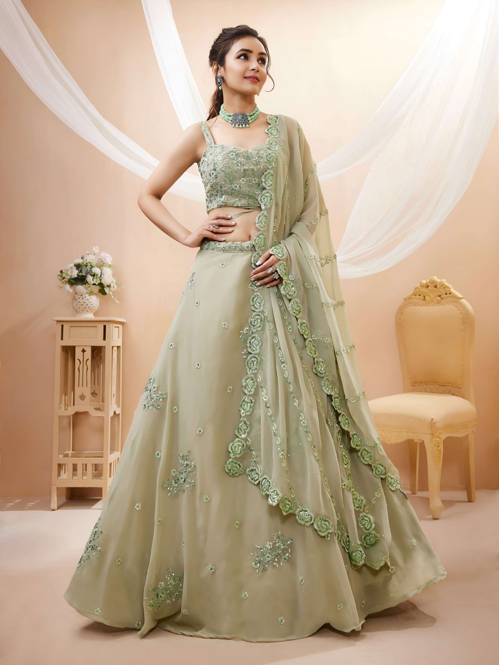 Pista Green tasty colour with Embellished  Georgette fabric Lehenga Choli supplier in surat 7060 Pista 
