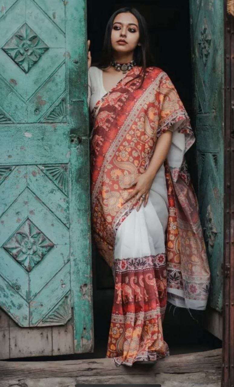  Plain Linen fabric with beautiful  hathi Digital Print on saree wholesale in surat MG398
