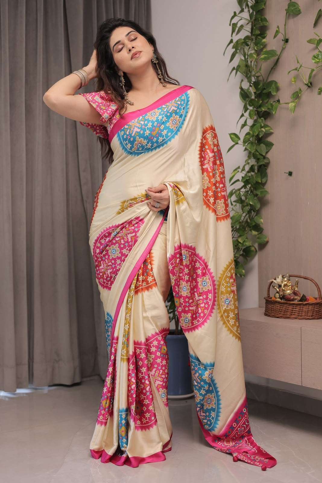 Premium and multi colour Satin Silk Plain Fabric with Digital Print throughout saree wholesale in surat