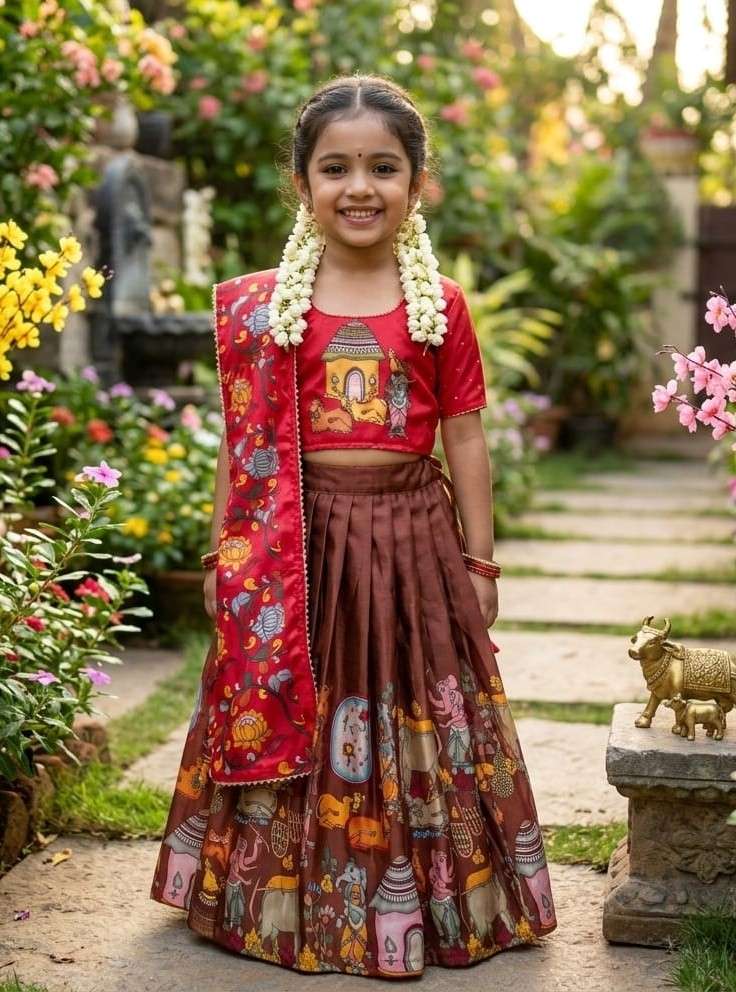 Presenting Kids wear with Kalmkari Printed Chinnon silk fabric Lehenga choli wholesale in surat