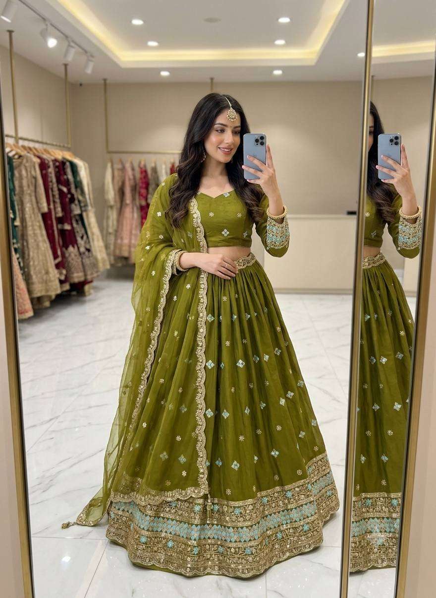 PURE FANCY SILK FABRIC WITH BEAUTIFUL GREEN COLOUR LEHENGA CHOLI RESELLER IN SURAT WW 1287