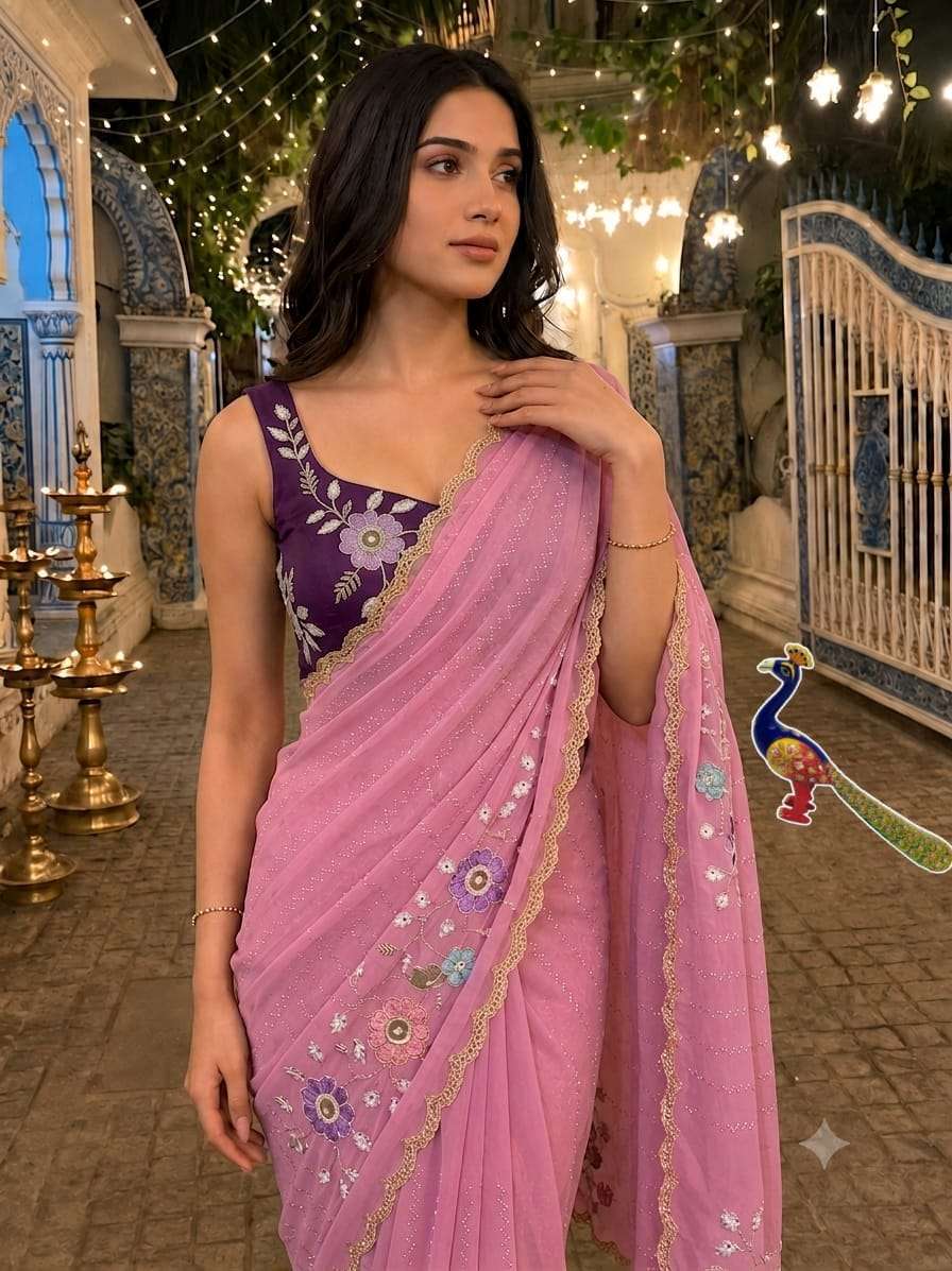 purple colour Pure and Soft Star Georgette Saree With Floral Embroidery Work on saree wholesale in surat