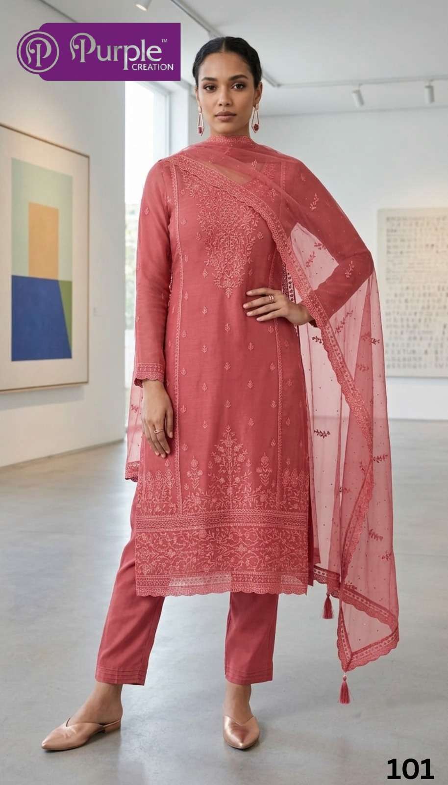 PURPLE CREATION WILLA SORGANZA CHIFFON FABRIC 3 PIECE SUIT WHOLESALER SURAT 