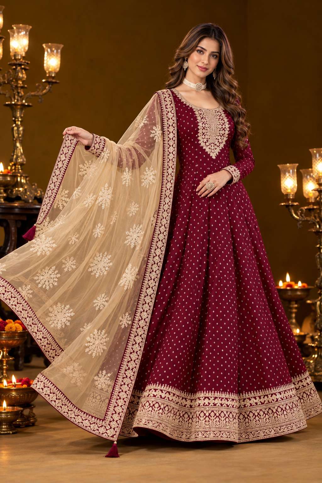 QTNESH PRESENT DIPAVALI CHANDERI BUTTI GOWN PANT AND DUPATTA DIWALO PARTY DRESS NEW INDIA