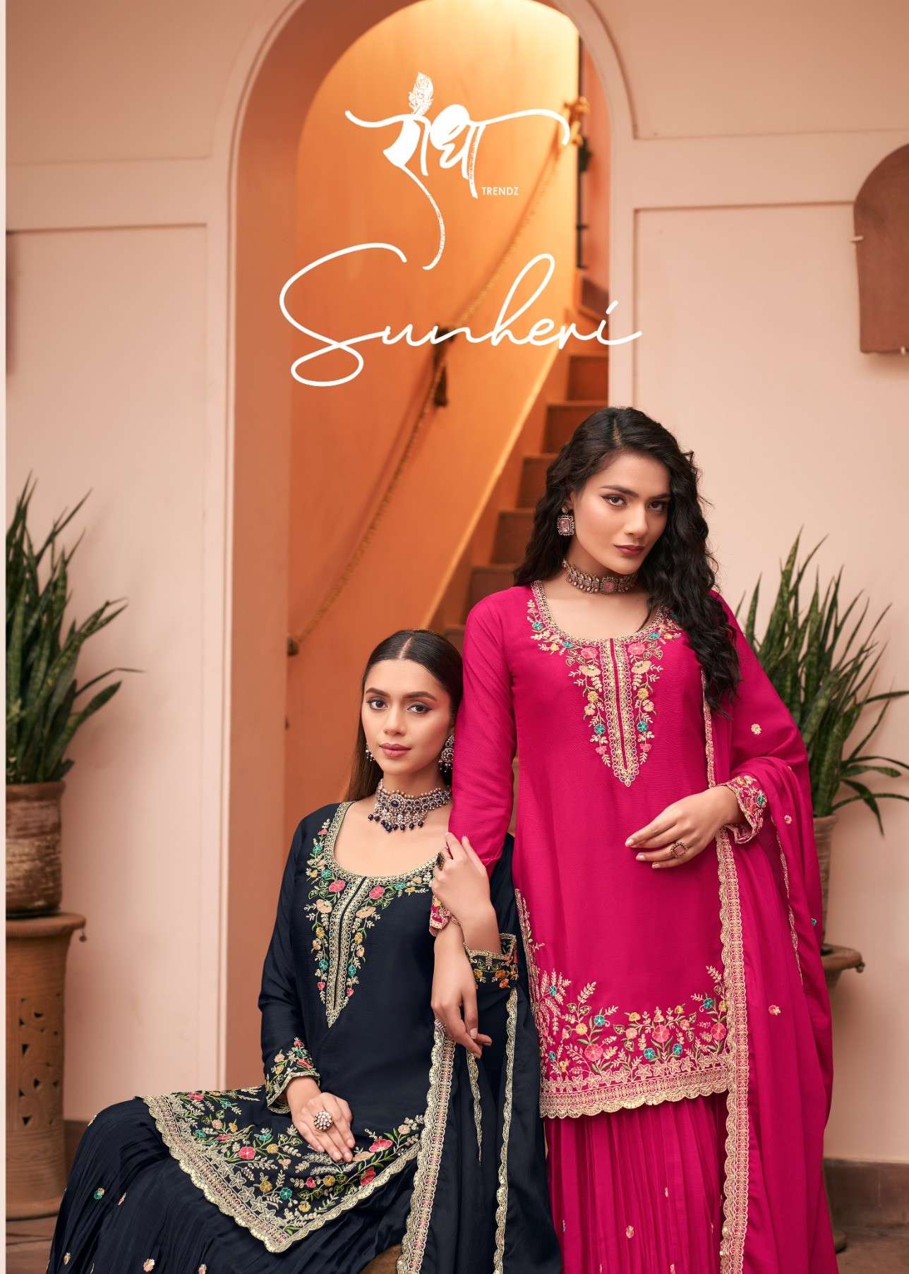 RADHA TRENDZ SUNHERI BLOOMING CHINON WITH ZERKAN WORK PALAZZO SUIT WHOLESALER SALE BUY