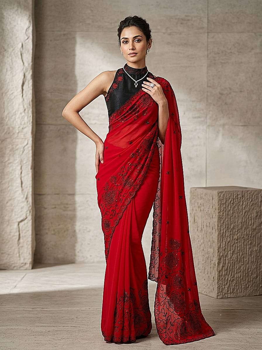 RAJYOG STAR GEORGETTE FANCY FABRIC WITH BEAUTIFUL EMBROIDERY WORK ON SAREE WHOLESALE IN SURAT