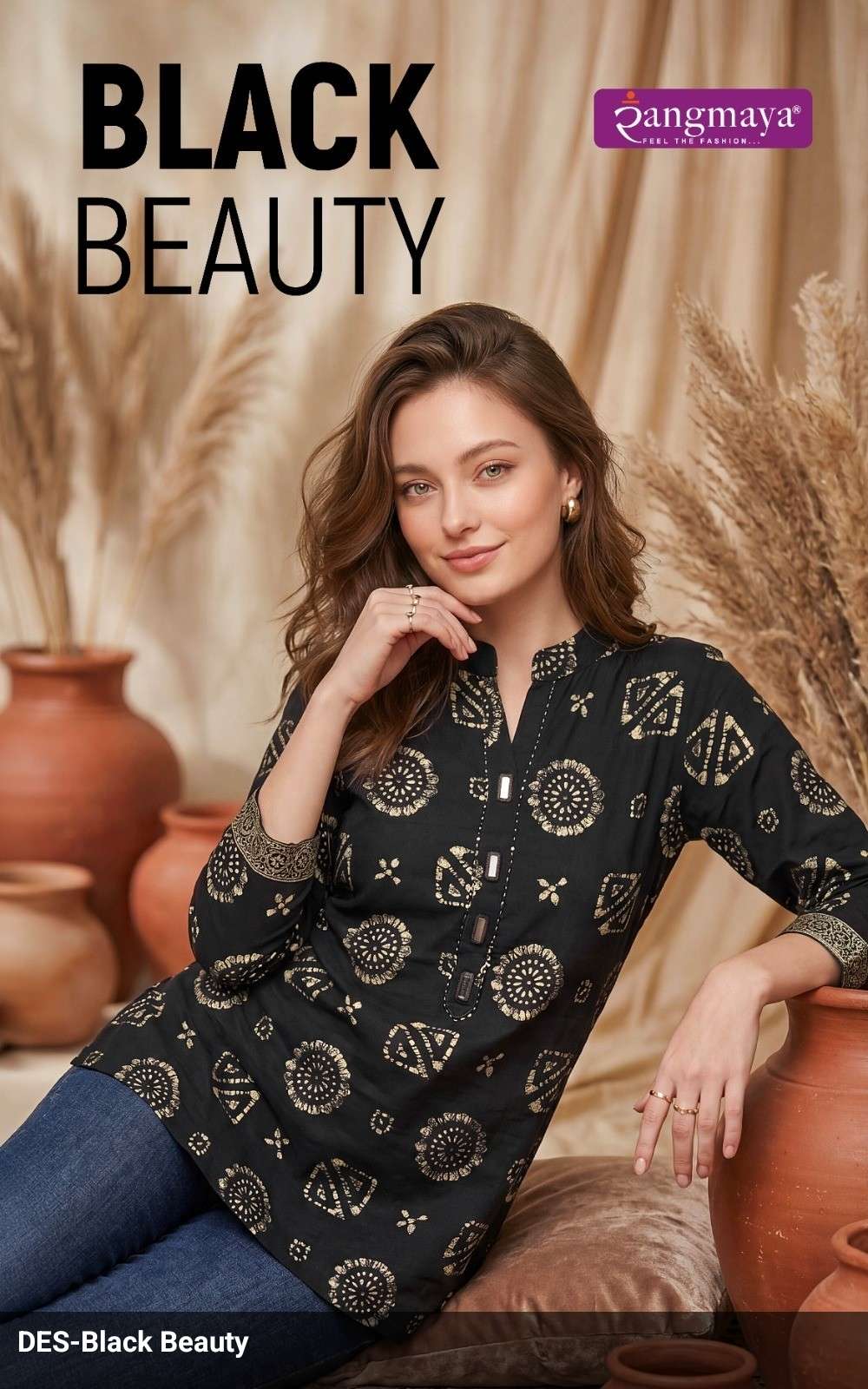 RANGMAYA BLACK BEAUTY SHORT KURTI TOP DAILY OFFICE FASHION LOW RATE EXPORT
