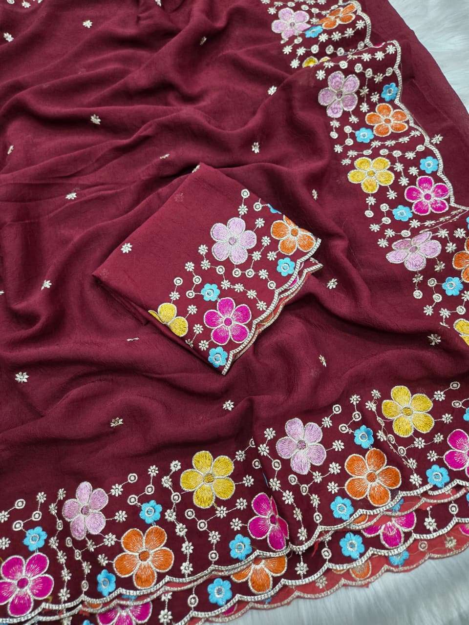 Rangoli Crush fabric with Beautiful Multicolour Floral Embroidery work on saree reseller in surat nari