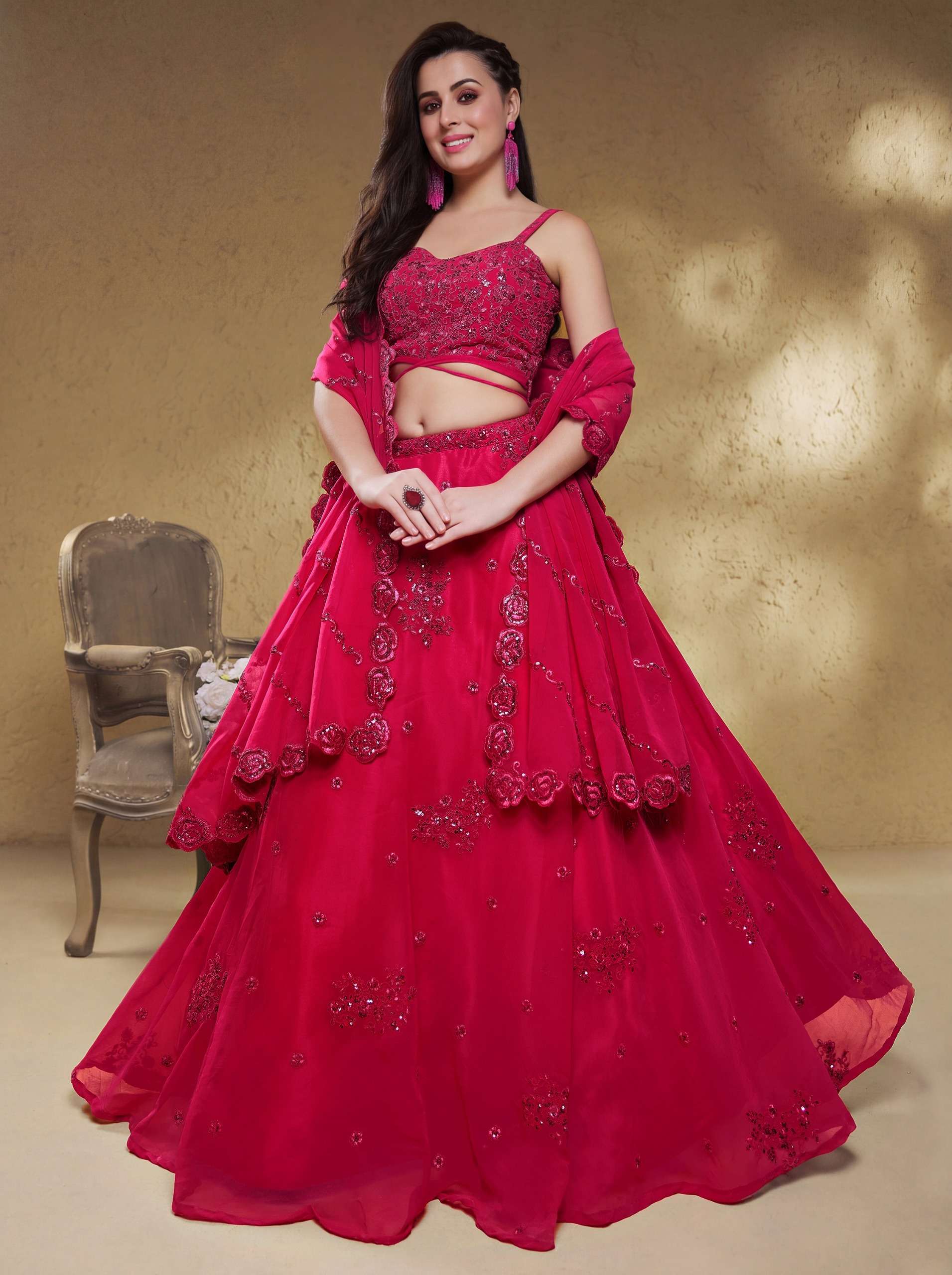 Raspberry Pink colour with beautiful Sequin and Georgette fabric Lehenga Choli reseller in surat 7060 Pink