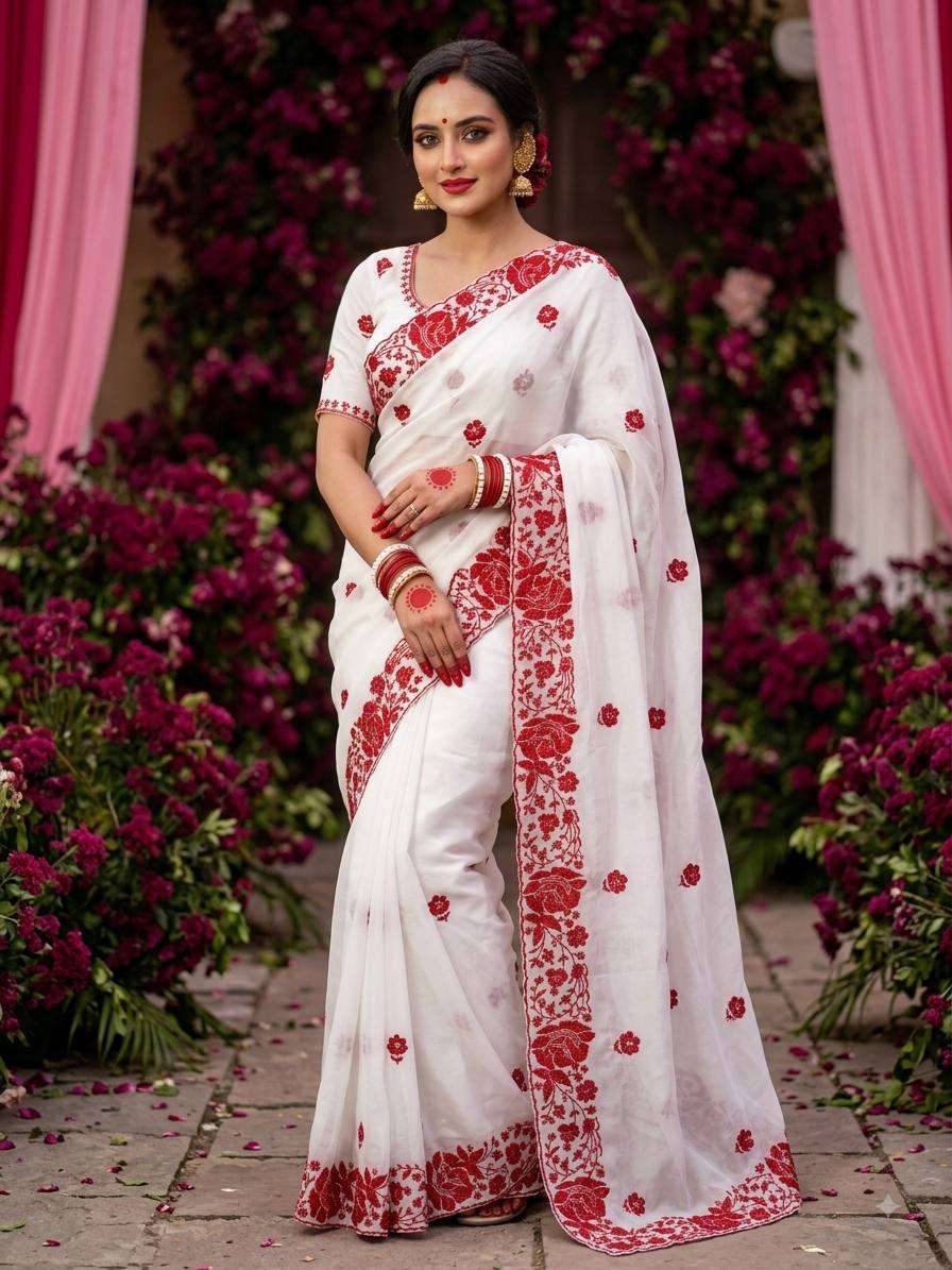 red and white colour with beautiful flower print on Soft Ran...