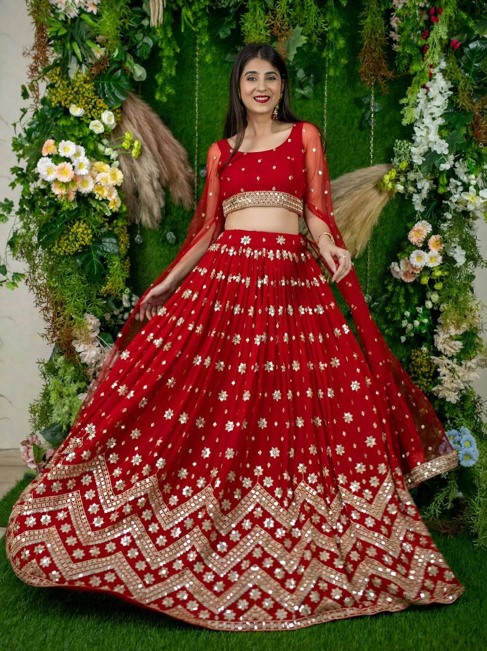 Red colour Embroidered and Designer Georgette fabric Lehenga choli reseller in surat 15059
