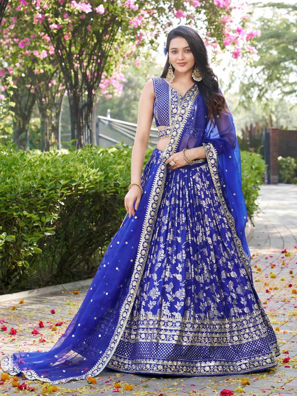  Royal Blue and Botanical Gleam colour Dola Silk Jacquard fabric Lehenga Choli wholesale in surat 7100 Royal Blue