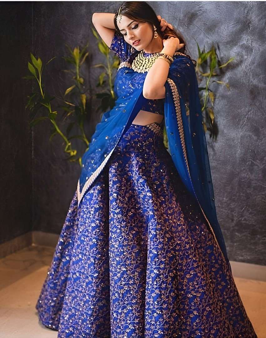 Royal Blue Vine colour with flower print on Sequin work on Raw Silk fabric Lehenga Choli wholesale in surat 7015 Blue