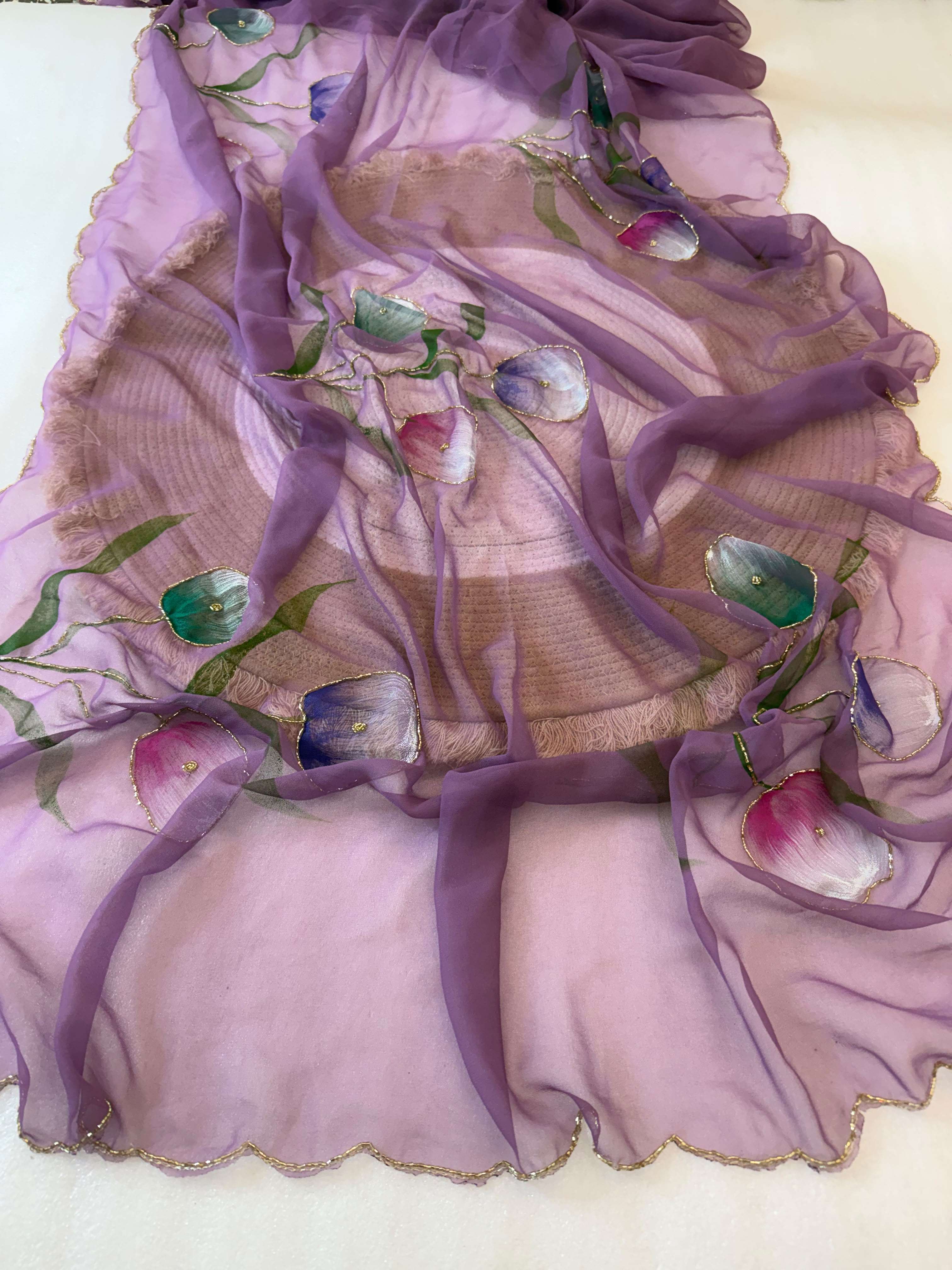 Royal Georgette fabric with featuring brush tulpi flower print on Saree wholesale in surat