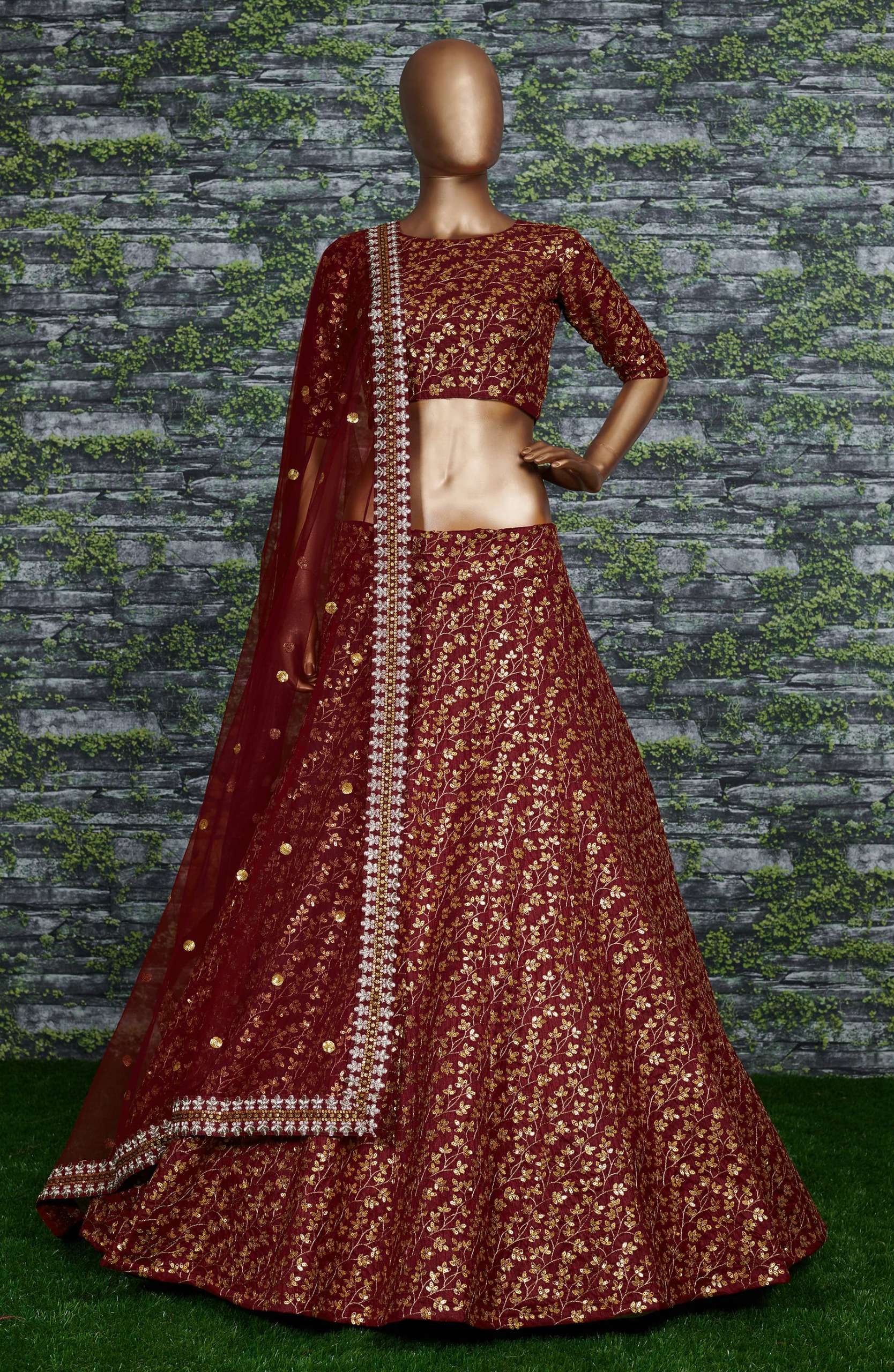  Royal Maroon Vine colour with Sequin and Embroidery Work on Raw Silk fancy fabric Lehenga Choli 7015 Maroon