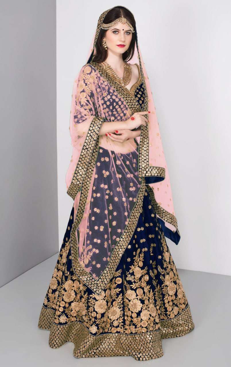  Royal Navy & Blush colour made of Velvet fabric Bridal wear Lehenga choli at the best rate 7024 Blue