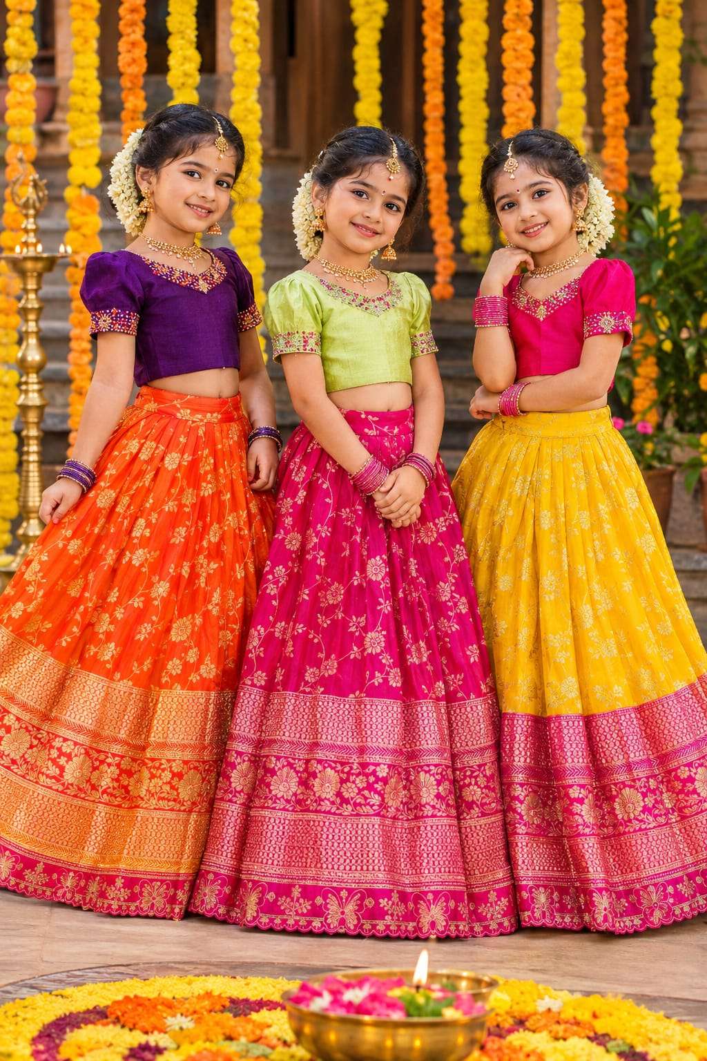 Royal Trio Kids wear beautiful Contrast Kids Premium Dola Silk fabric Lehenga Choli Collection at the best rate 
