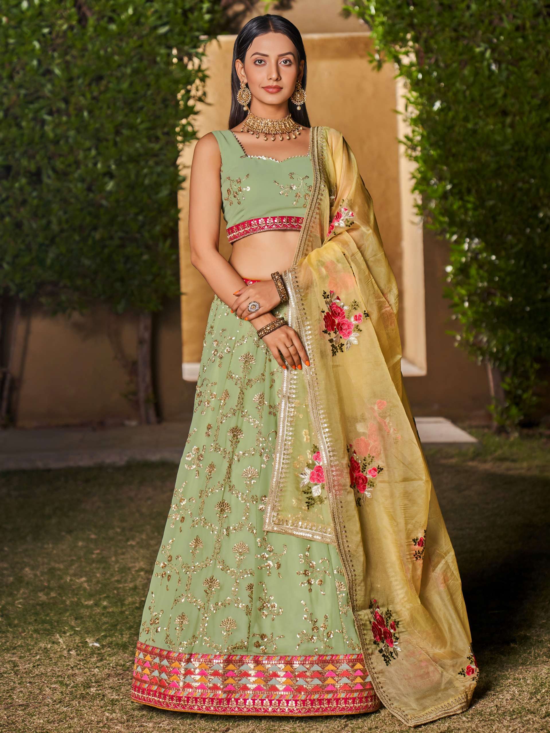 Sage Green colour with beautiful Floral and Shimmer Georgette fabric Lehenga choli supplier in surat 8007 Green  