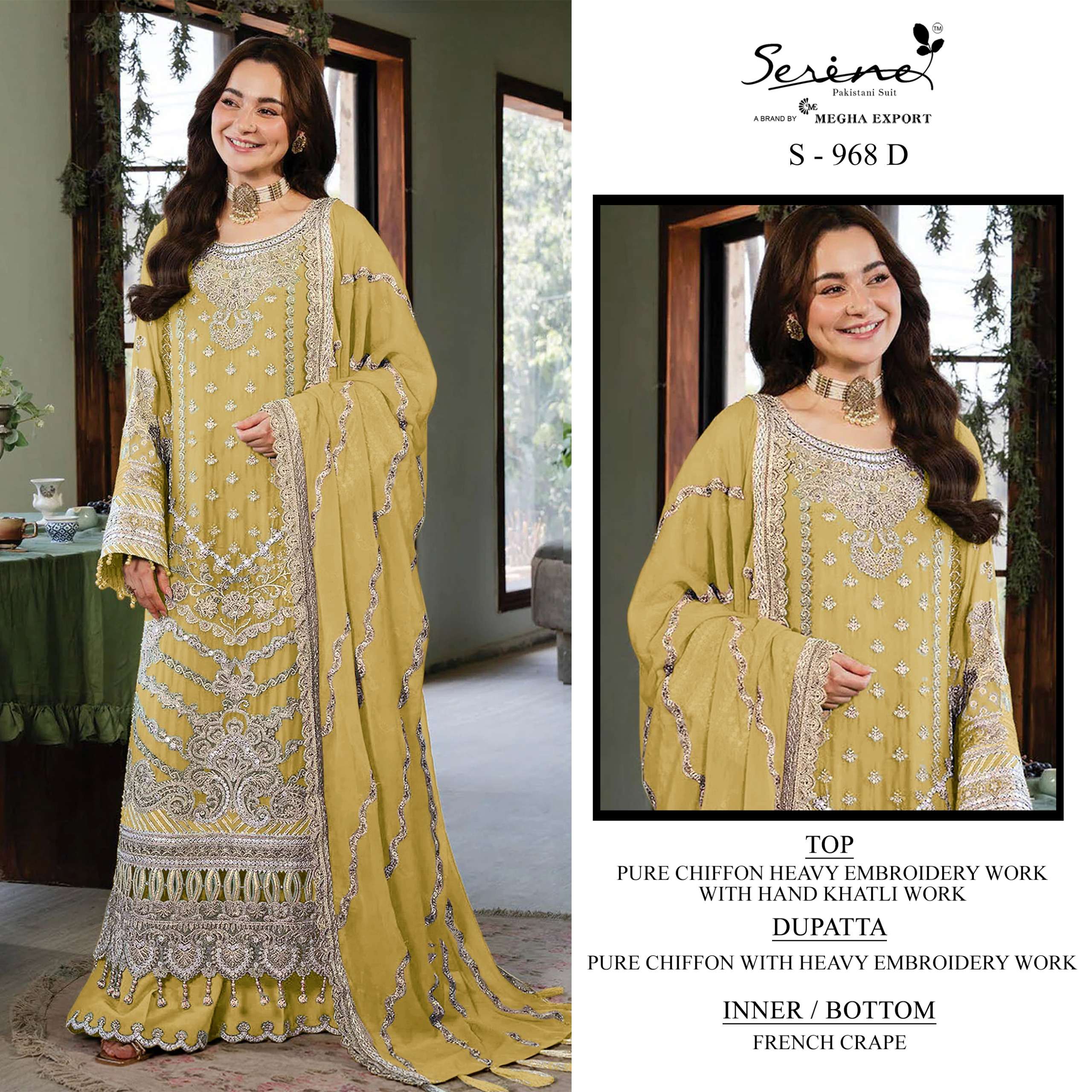 SERINE S 968 CRYSTAL CHIFFON EMBROIDERED WORK PAKISTANI HANIA AMIR SUIT LIKE SUPPLIER 