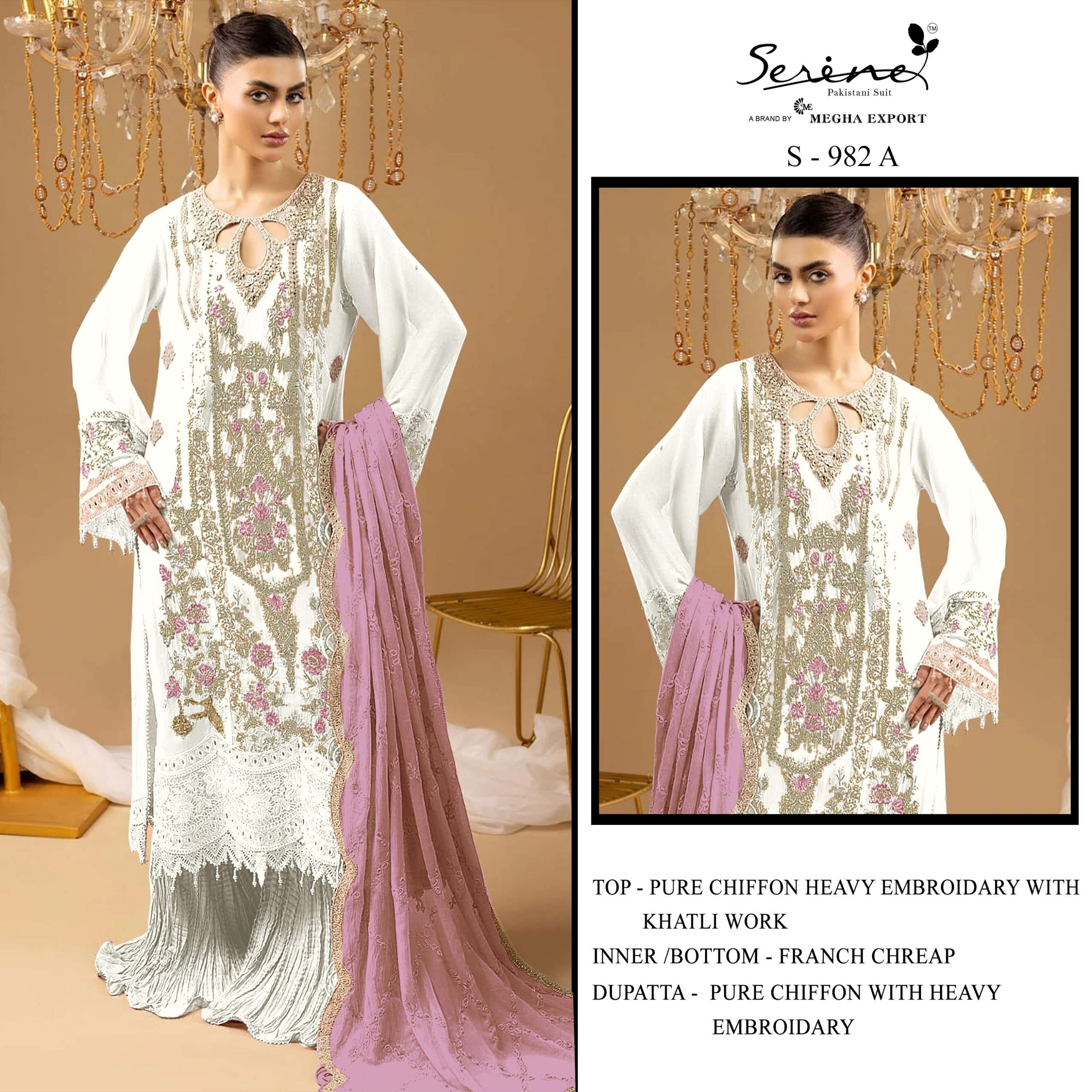 SERINE S 982 TRADITIONAL INDIA CHIFFON SILK EMBROIDERY WORK PAKISTANI DRESS SUPPLIER
