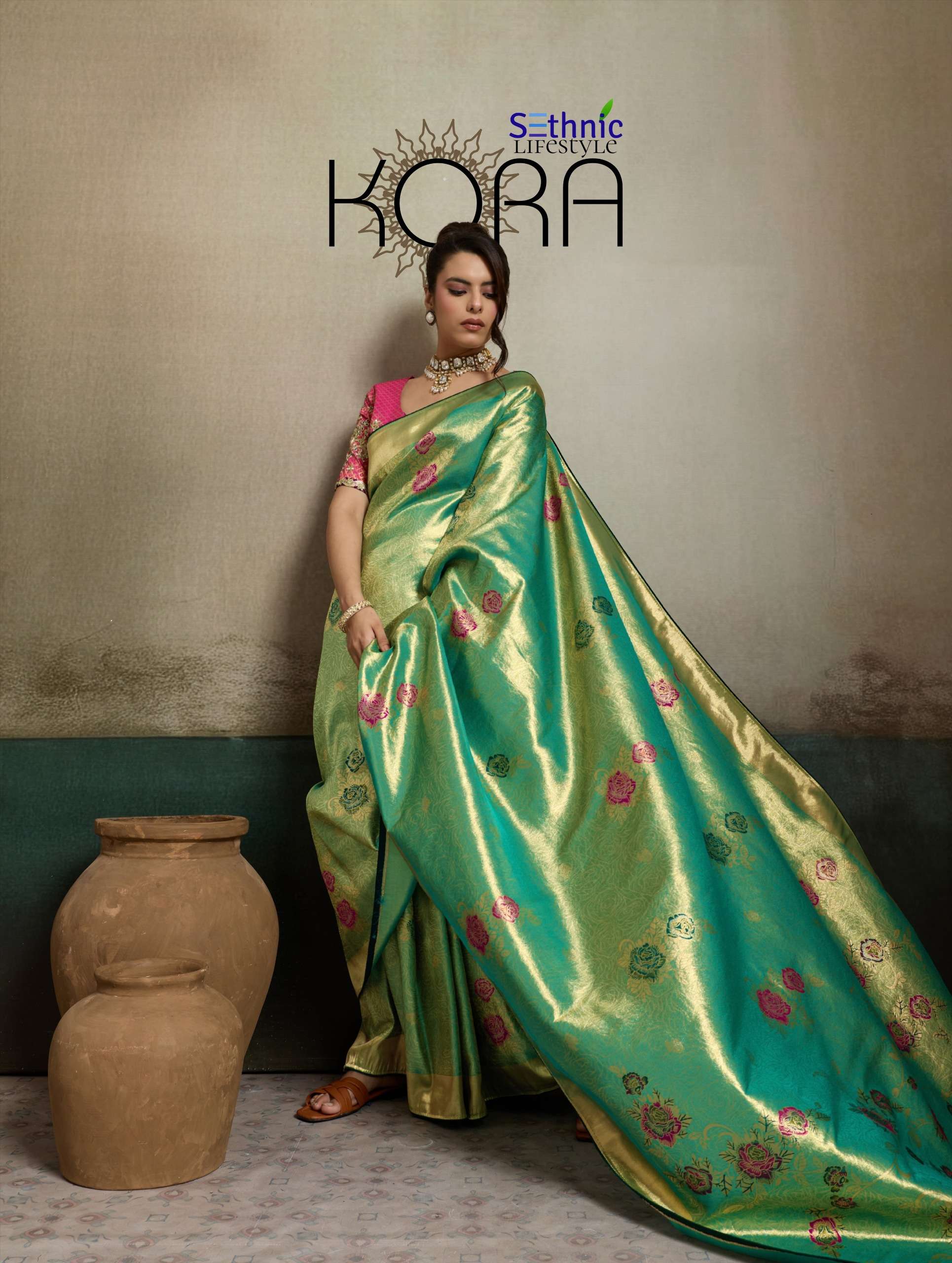 Sethnic Lifestyle Kora 123001 To 123004 Tissue Banarasi Silk Fancy fabric saree wholesale in surat 