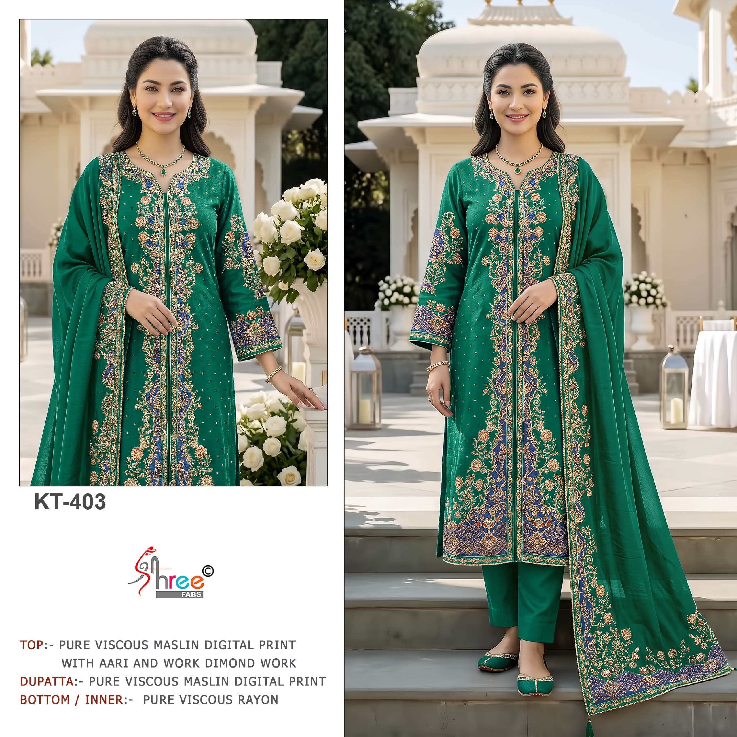 SHREE FABS KT 403 MASLIN PRINT AARI WORK PAKISTANI DRESS UNSTITCH SUPPLIER BUY