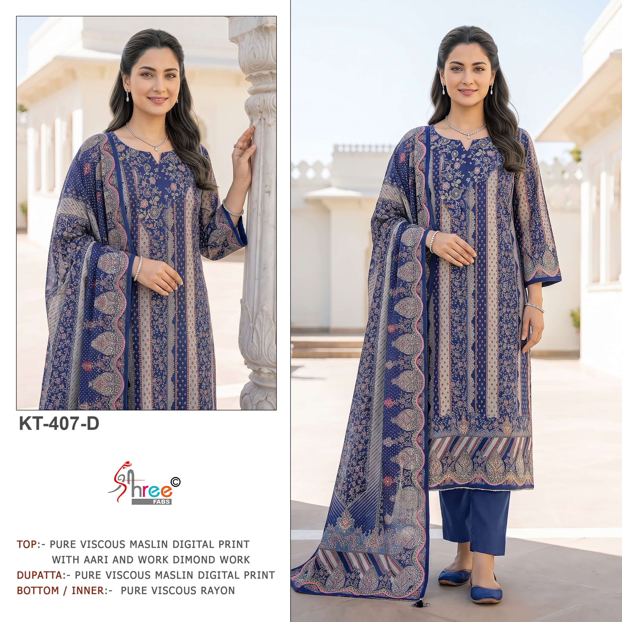 SHREE FABS KT 407 COLOUR MASLIN PRINT AARI WORK SALWAR SUIT WHOLESALER PRICE