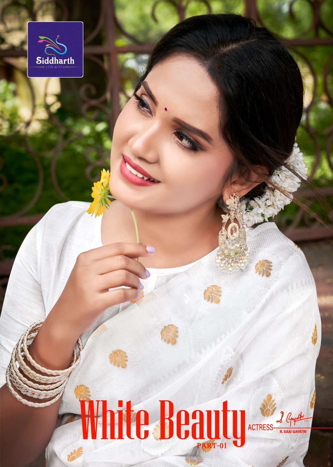 SIDDHANTH R SAAI GAYATRI ACTRESS WHITE BEAUTY SUPER SOFT AND BANRASHI SILK FANCY FABRIC SUPPLIER IN SURAT 