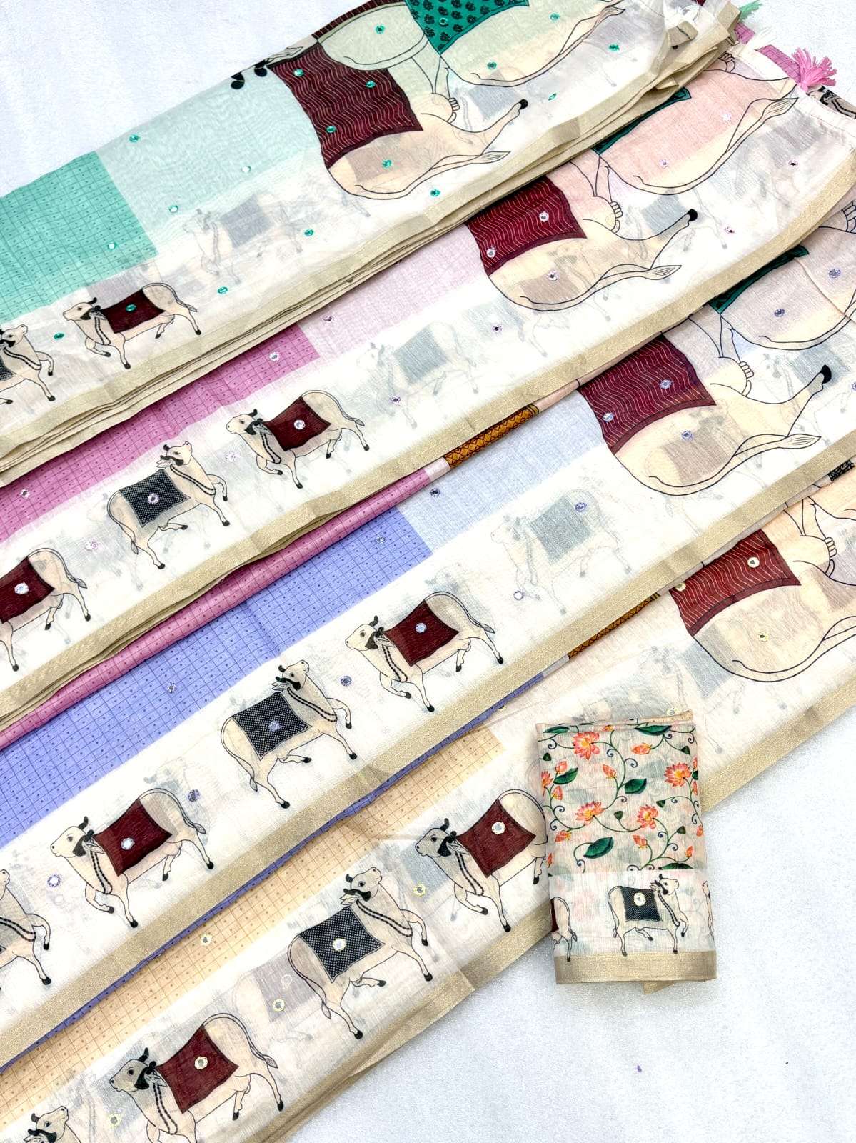 Soft and pure Chanderi Slub Cotton fabric with cow animal Digital Print on saree wholesale in surat
